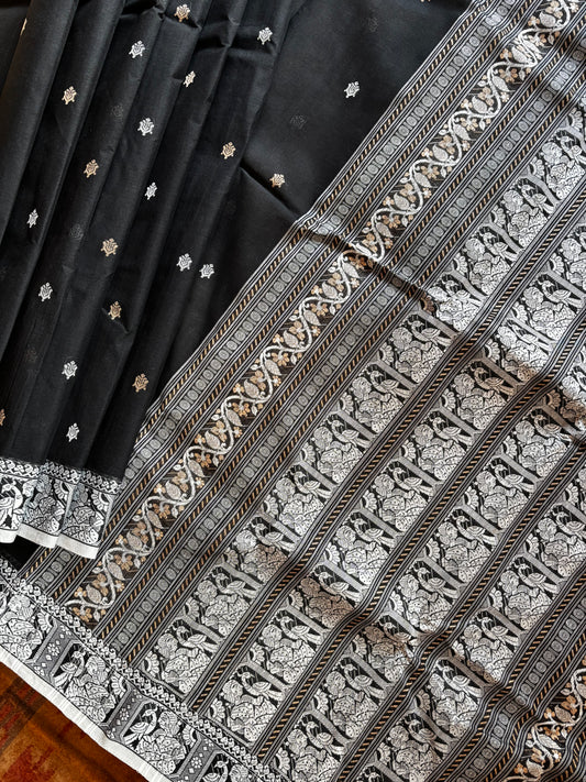 Handwoven Black White Cotton Baluchari Saree