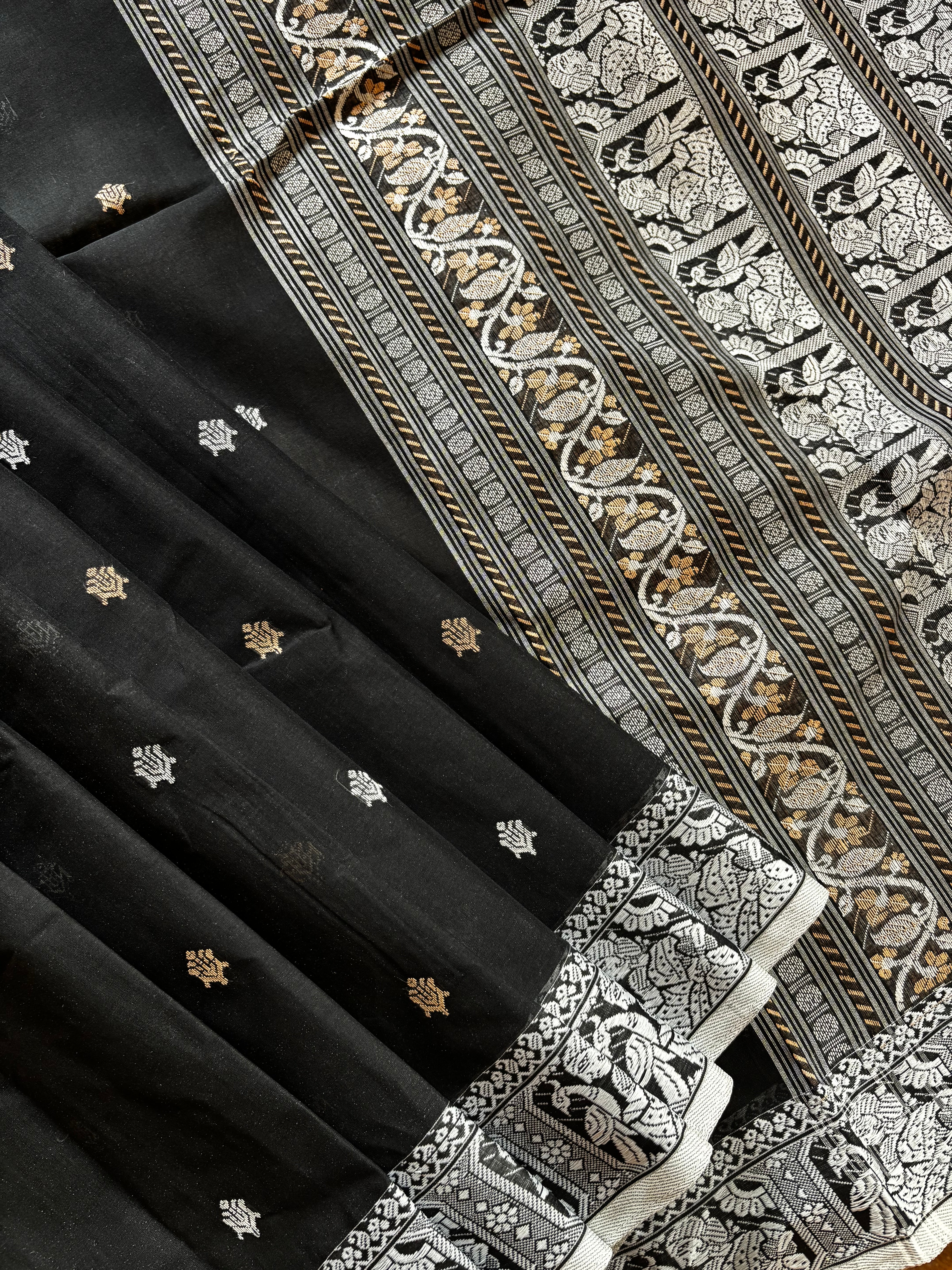 Handwoven Black White Cotton Baluchari Saree