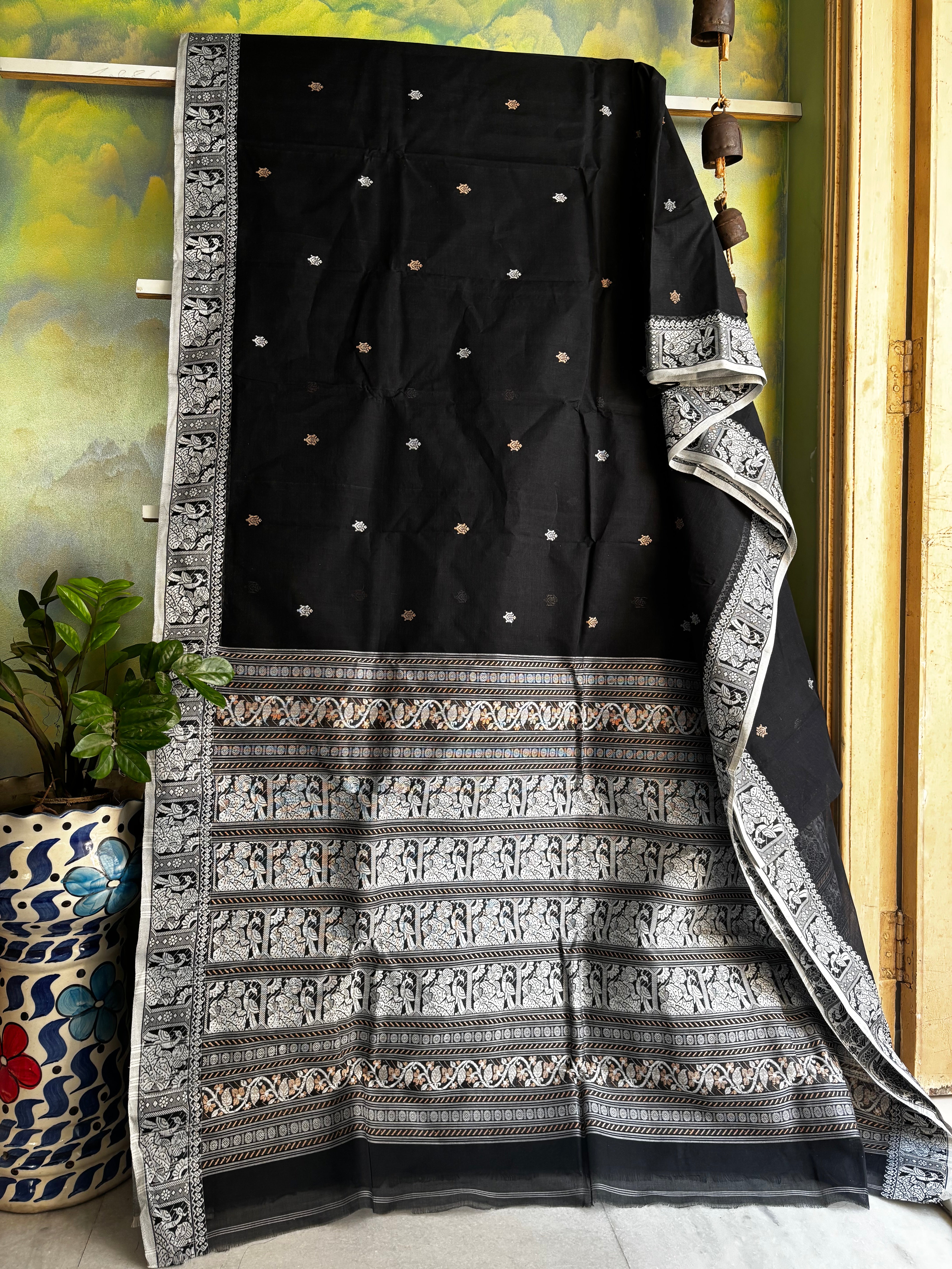 Handwoven Black White Cotton Baluchari Saree