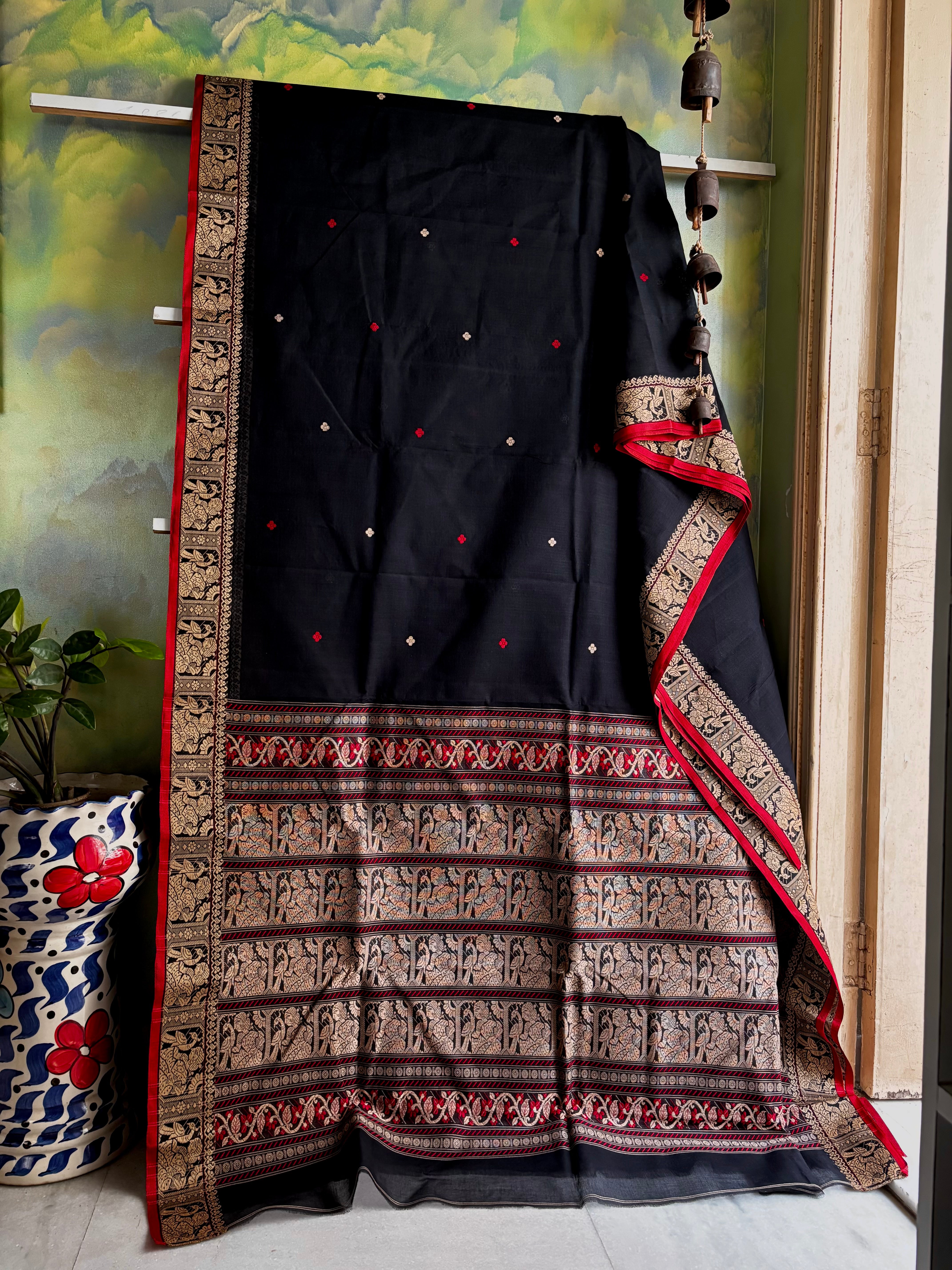Handwoven Black Colour Cotton Baluchari Saree