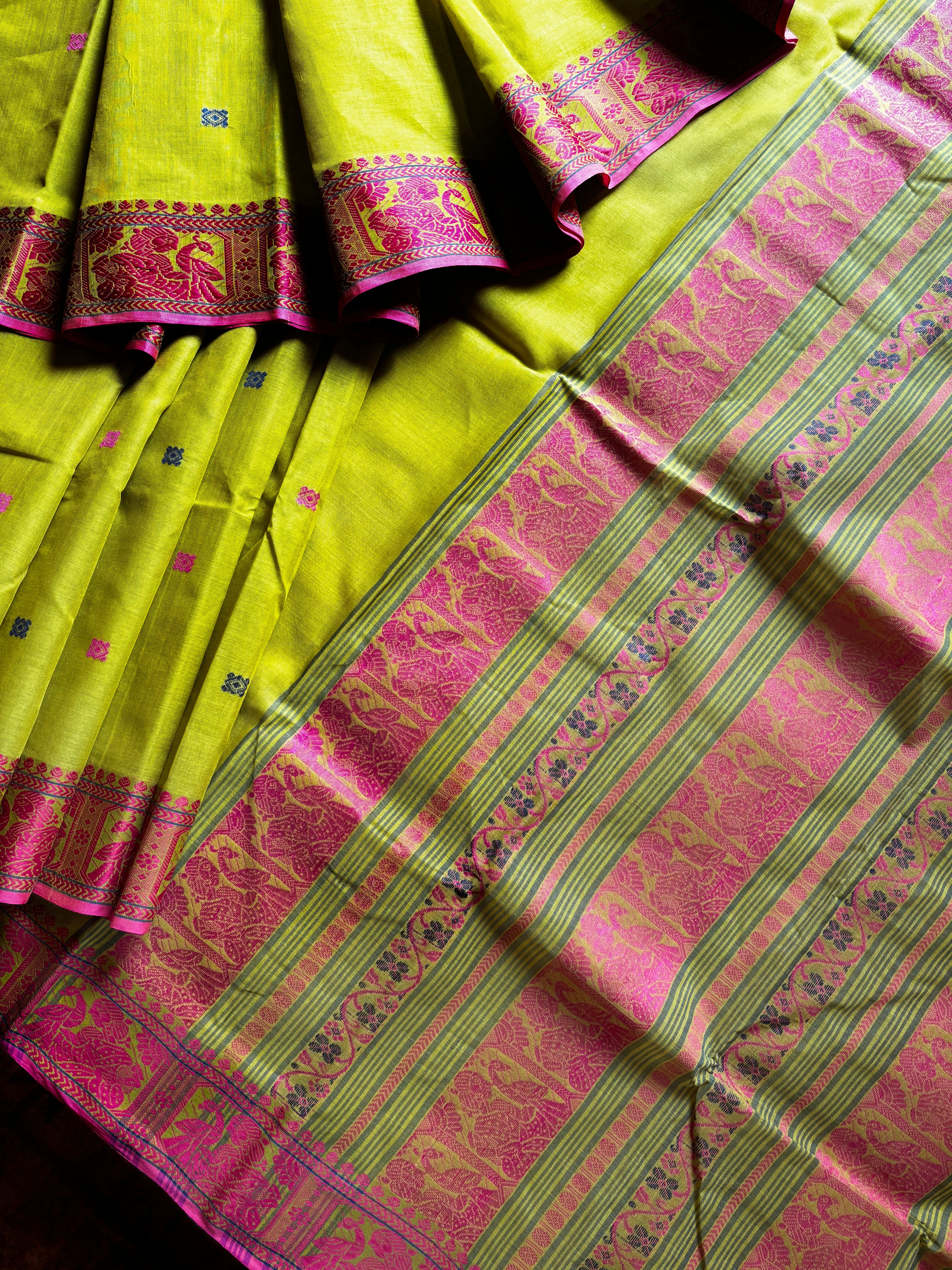 Handwoven Lime Green Cotton Baluchari Saree