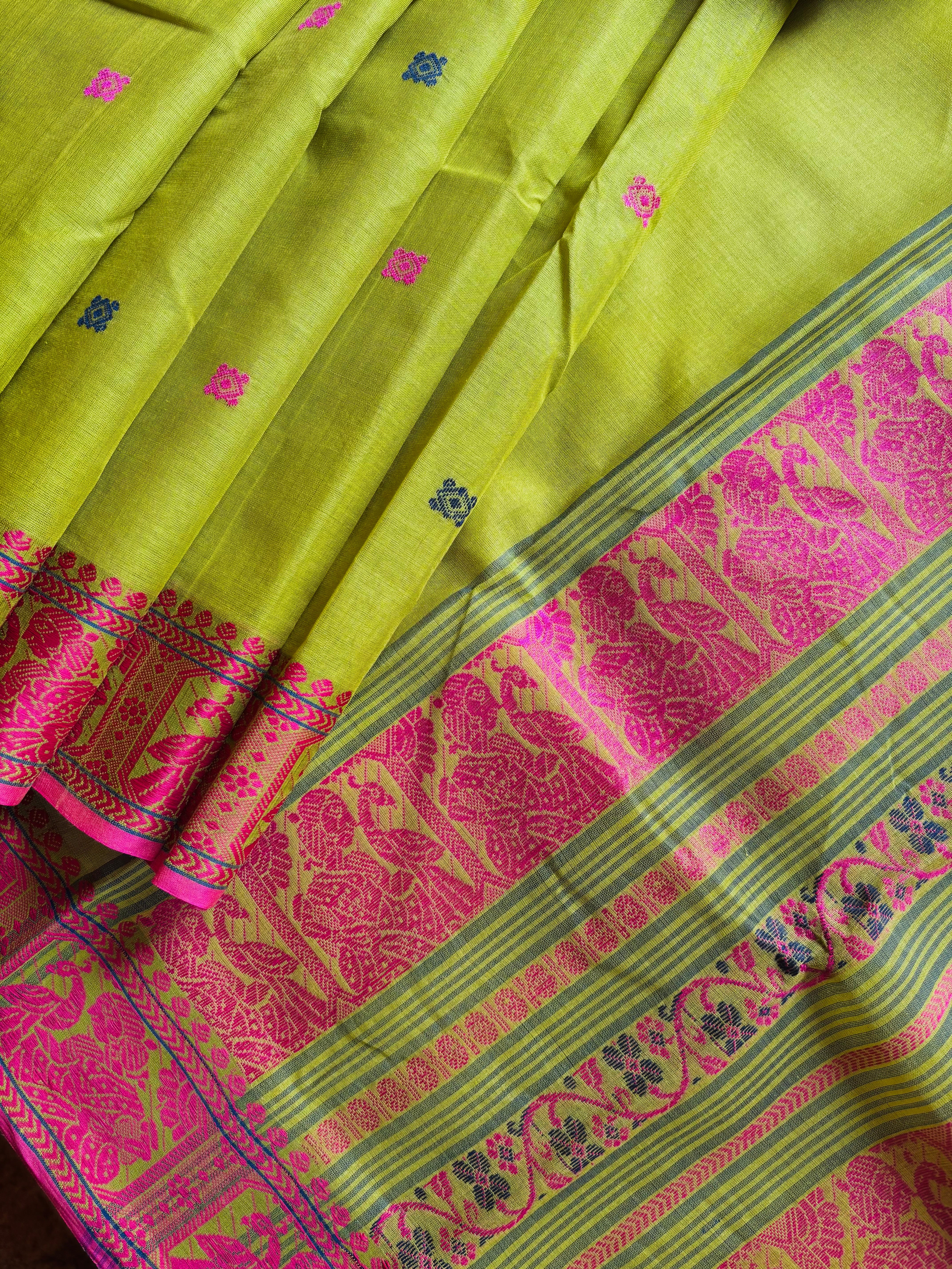 Handwoven Lime Green Cotton Baluchari Saree