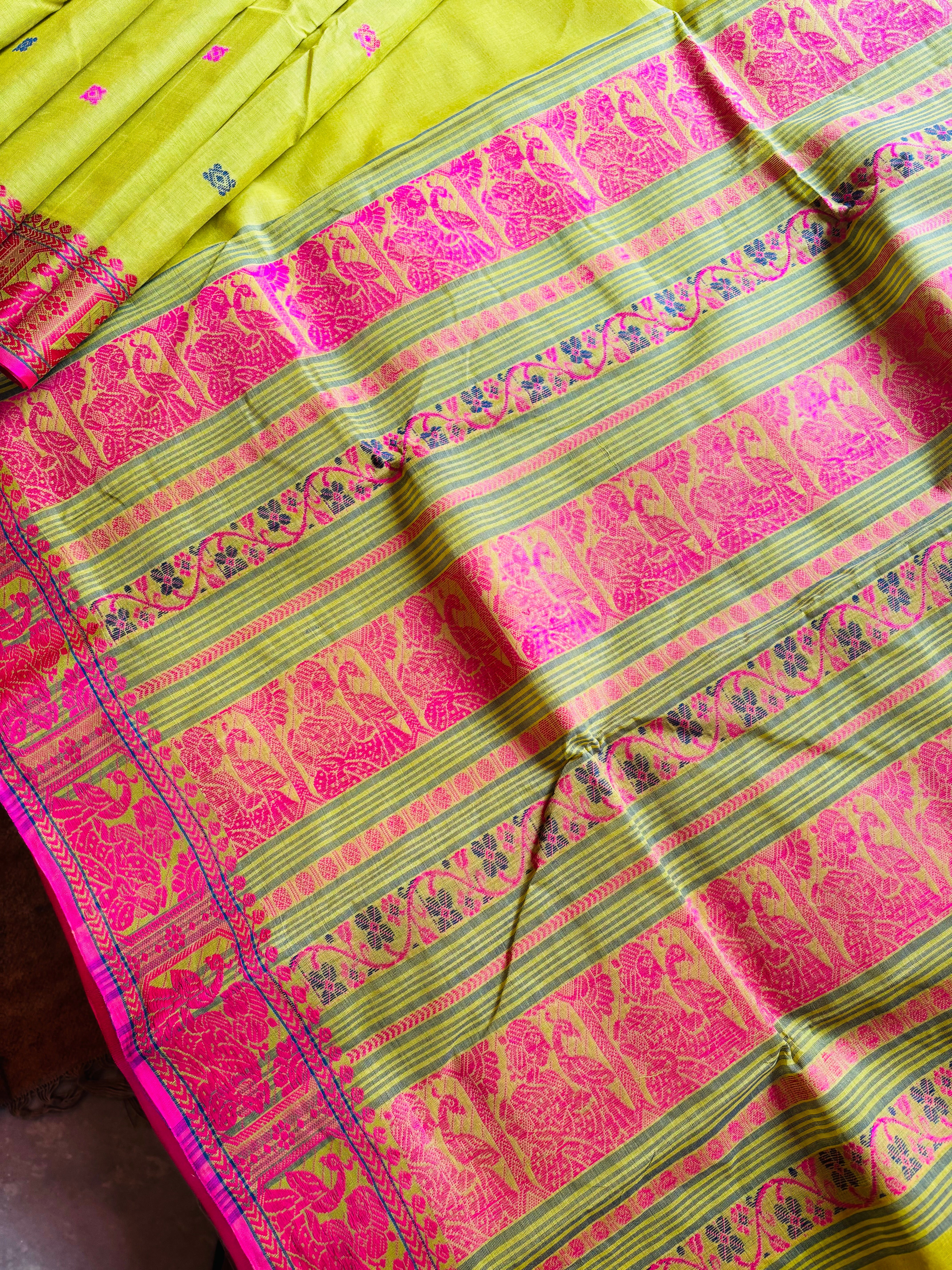 Handwoven Lime Green Cotton Baluchari Saree