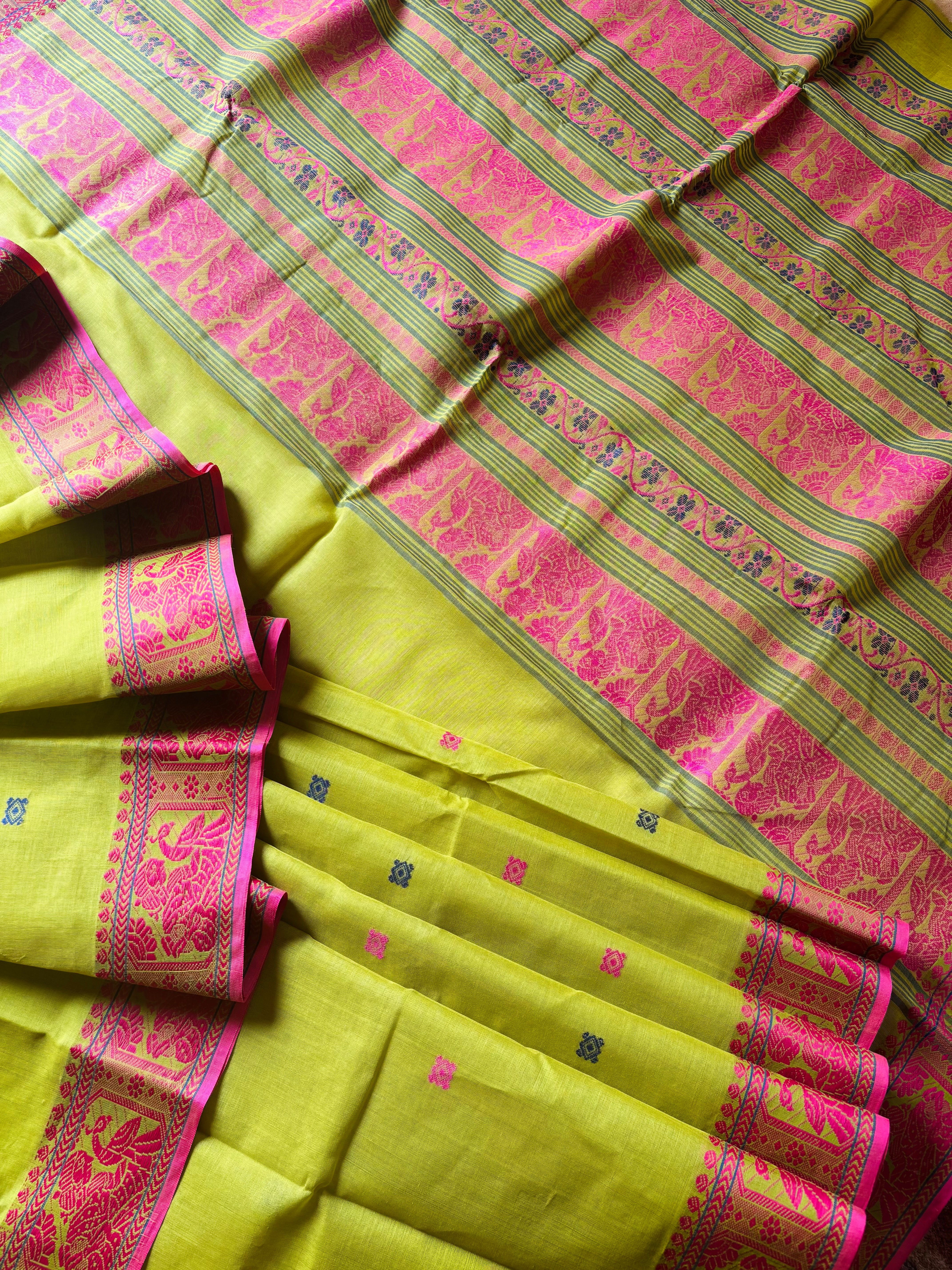Handwoven Lime Green Cotton Baluchari Saree