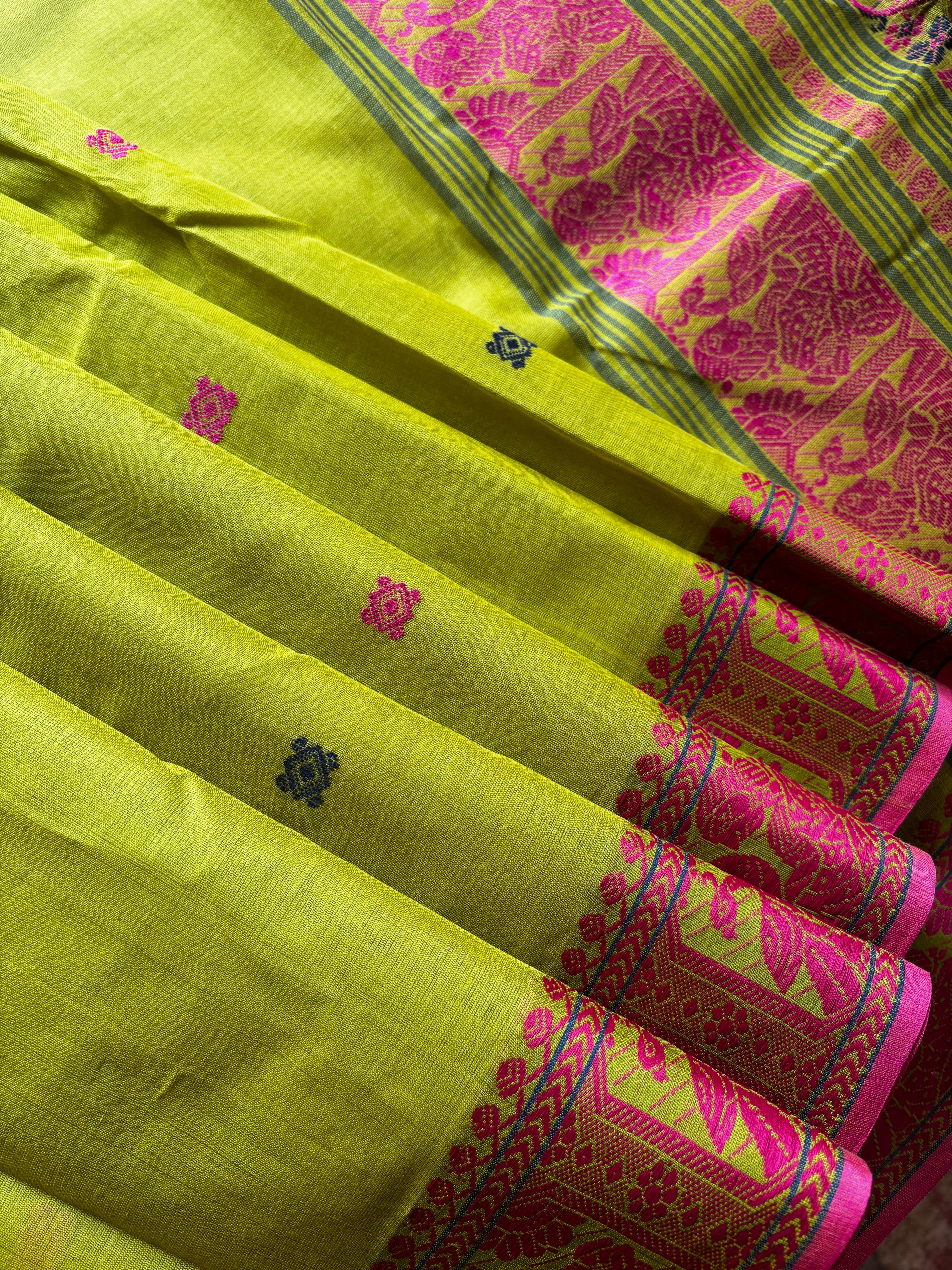 Handwoven Lime Green Cotton Baluchari Saree