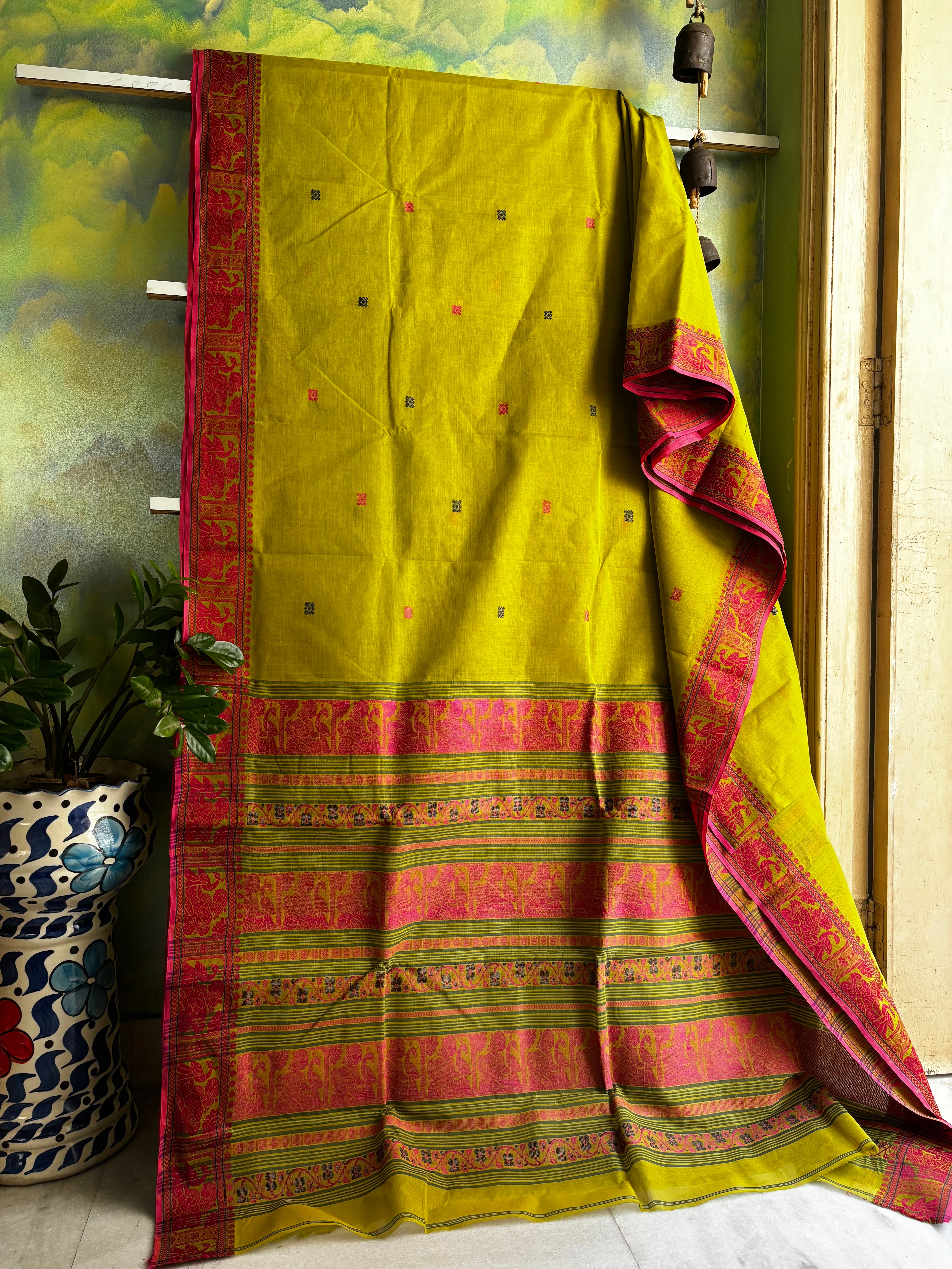 Handwoven Lime Green Cotton Baluchari Saree