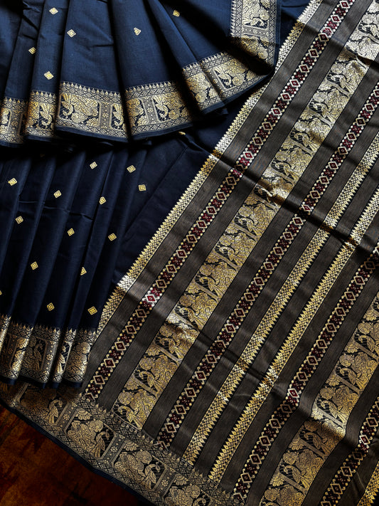 Handwoven Navy Beige Cotton Baluchari Saree