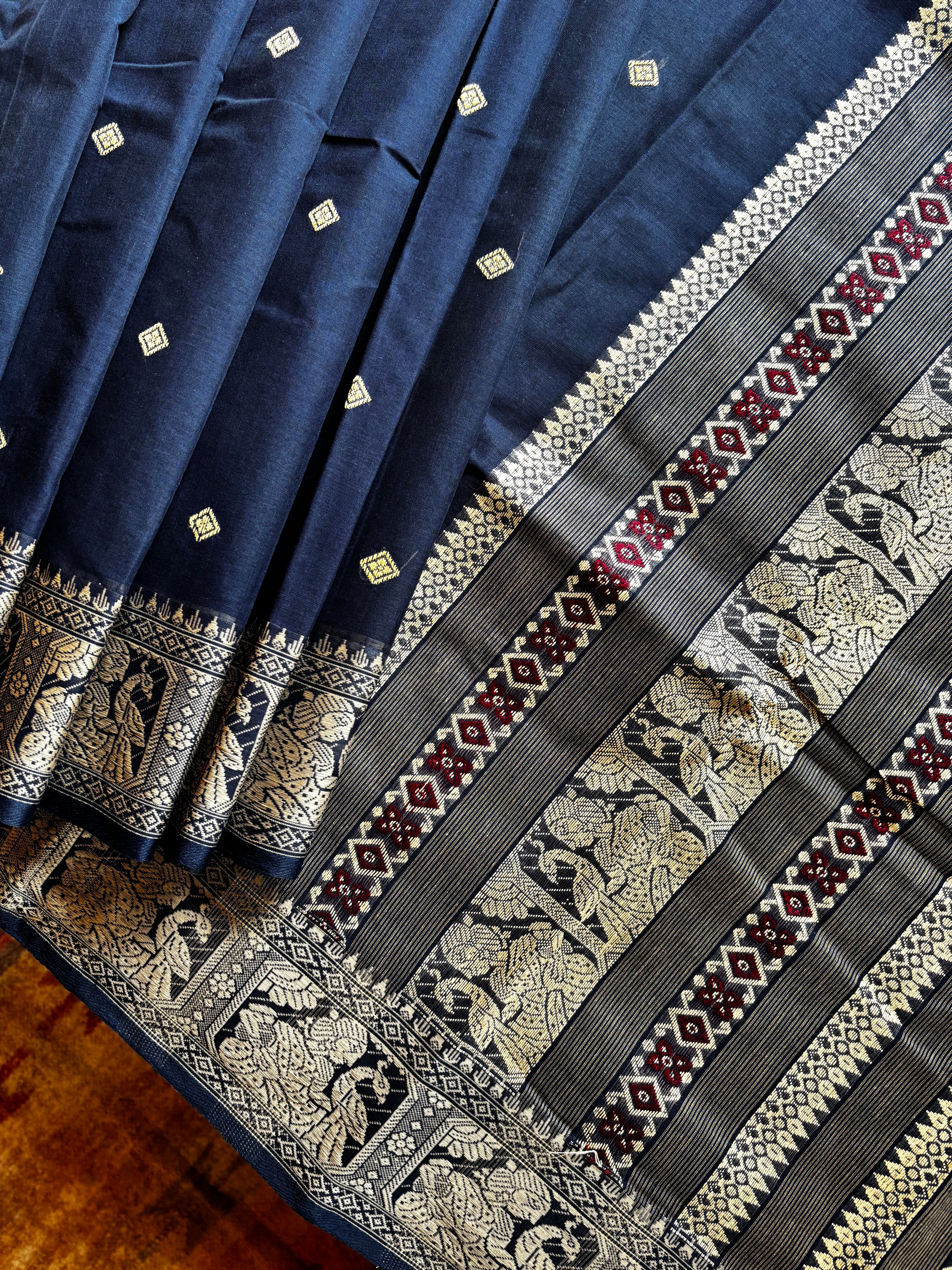 Handwoven Navy Beige Cotton Baluchari Saree