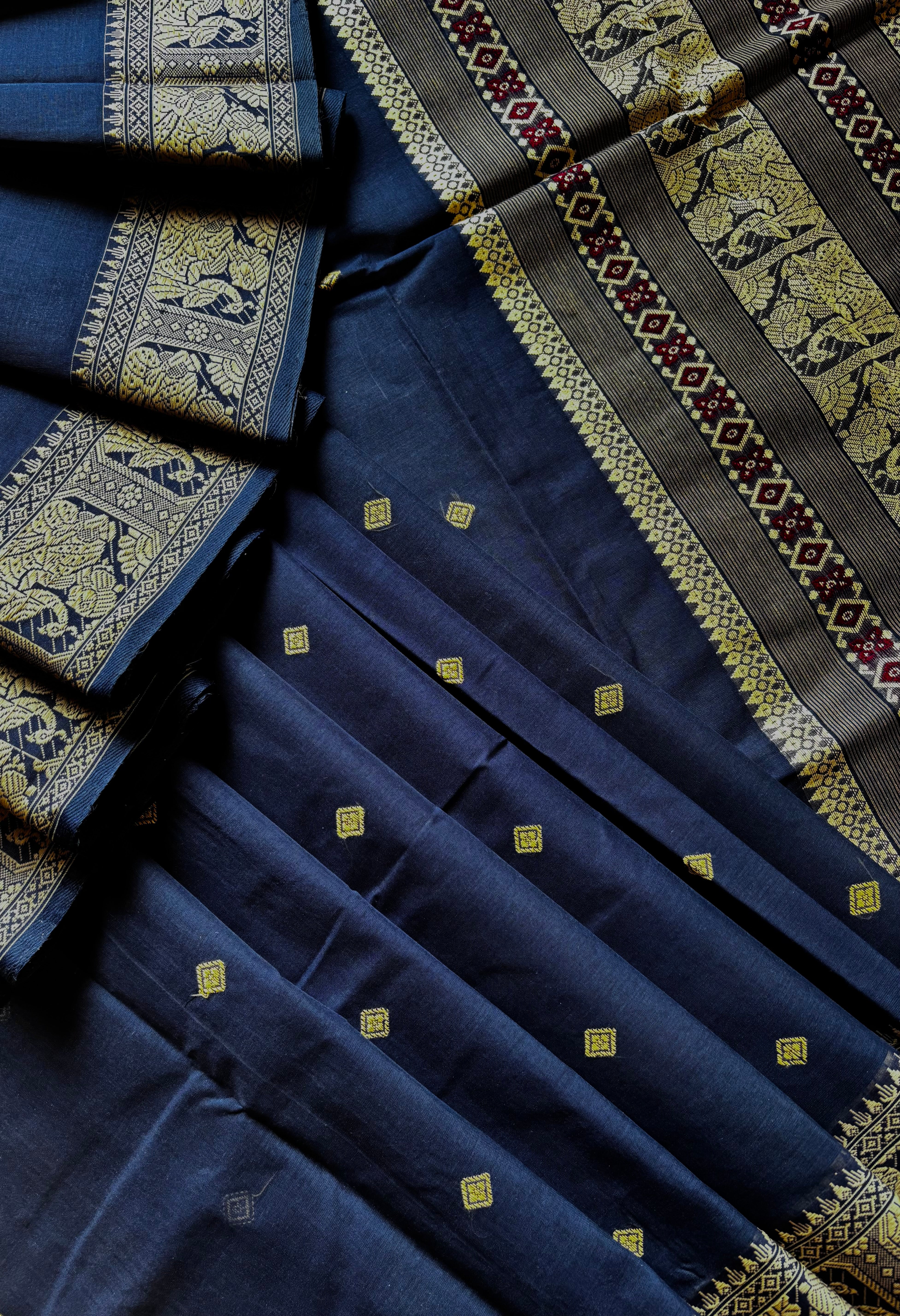 Handwoven Navy Beige Cotton Baluchari Saree