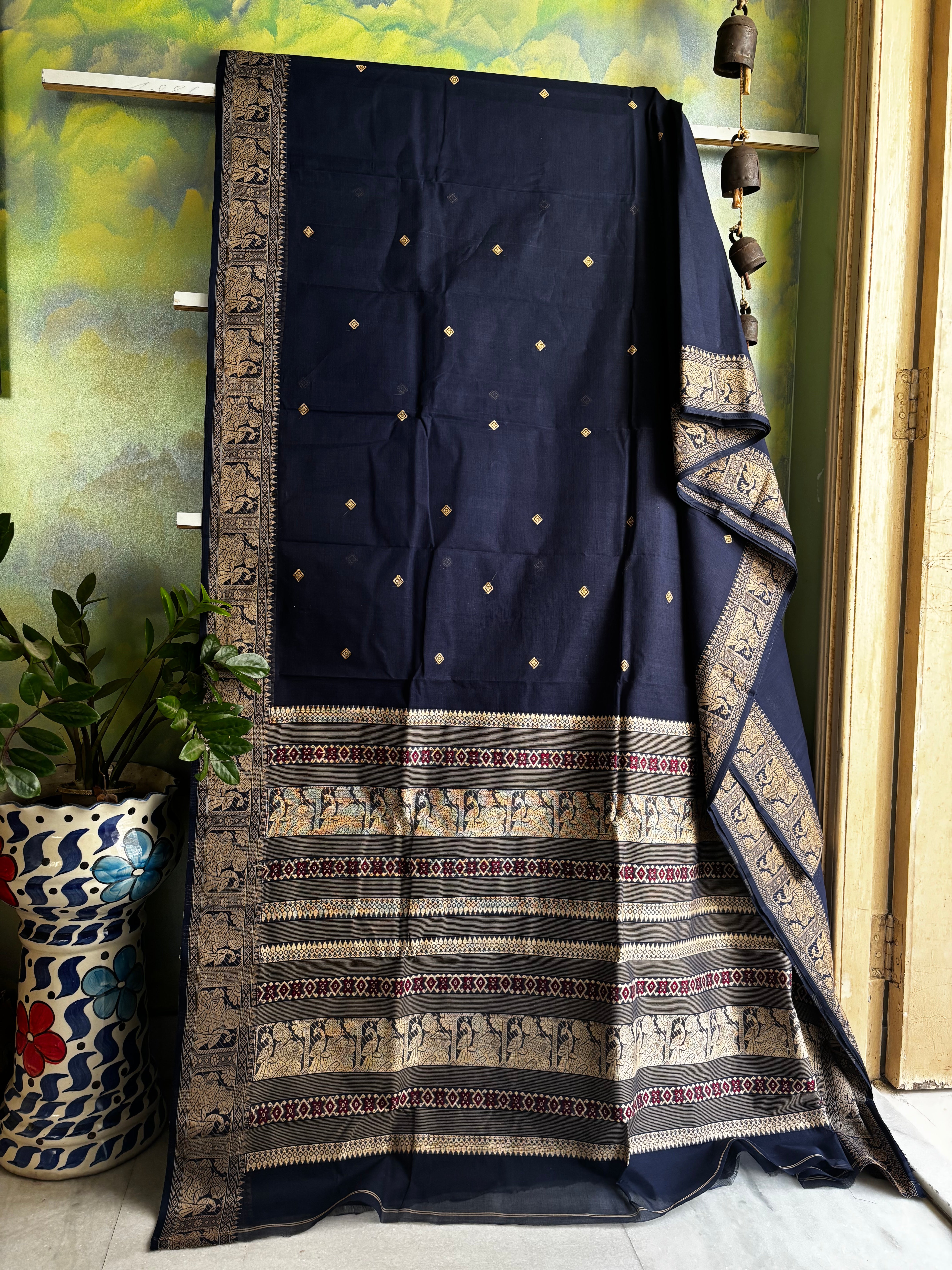 Handwoven Navy Beige Cotton Baluchari Saree