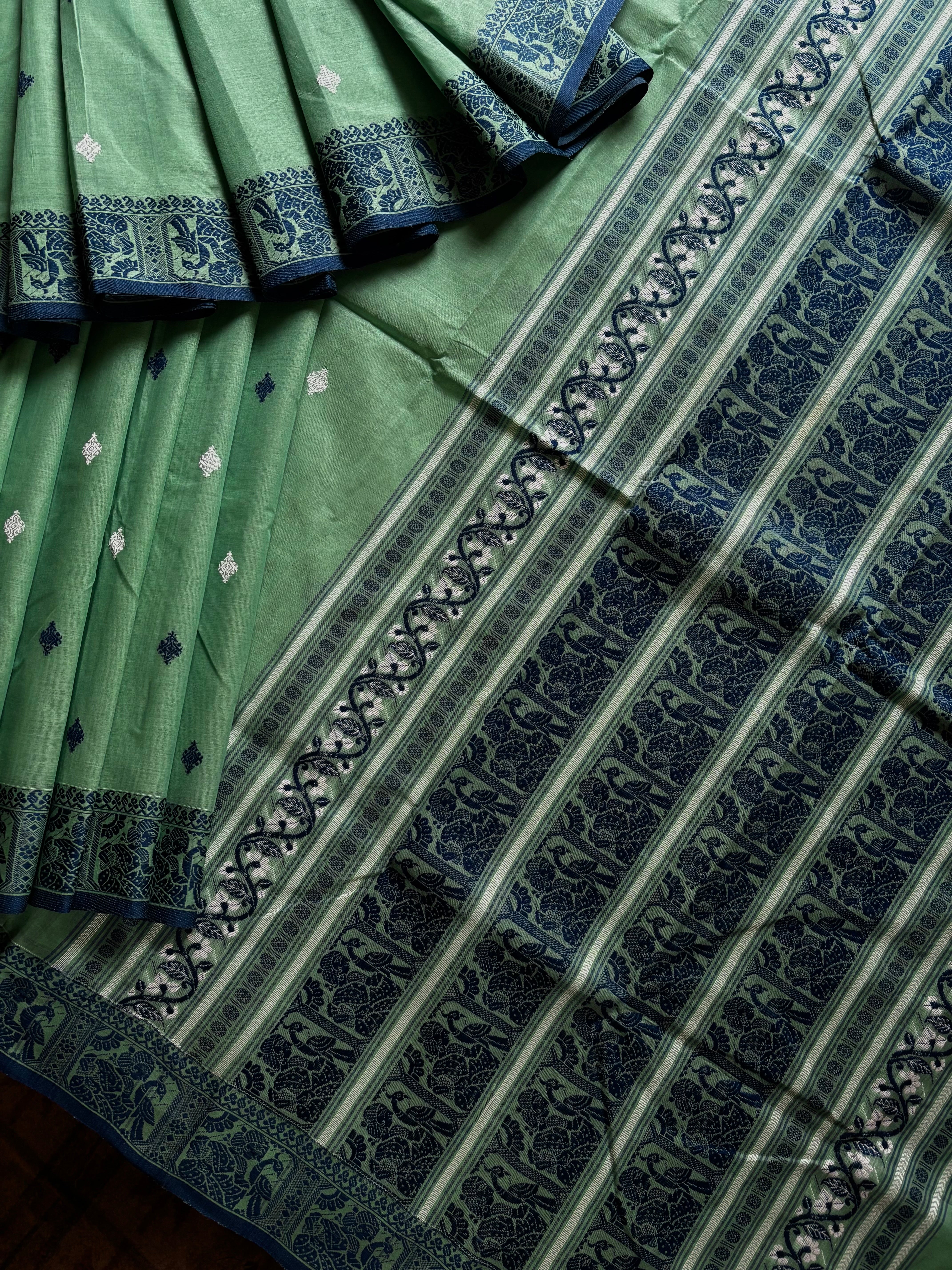 Handwoven Mint Green Colour Cotton Baluchari Saree