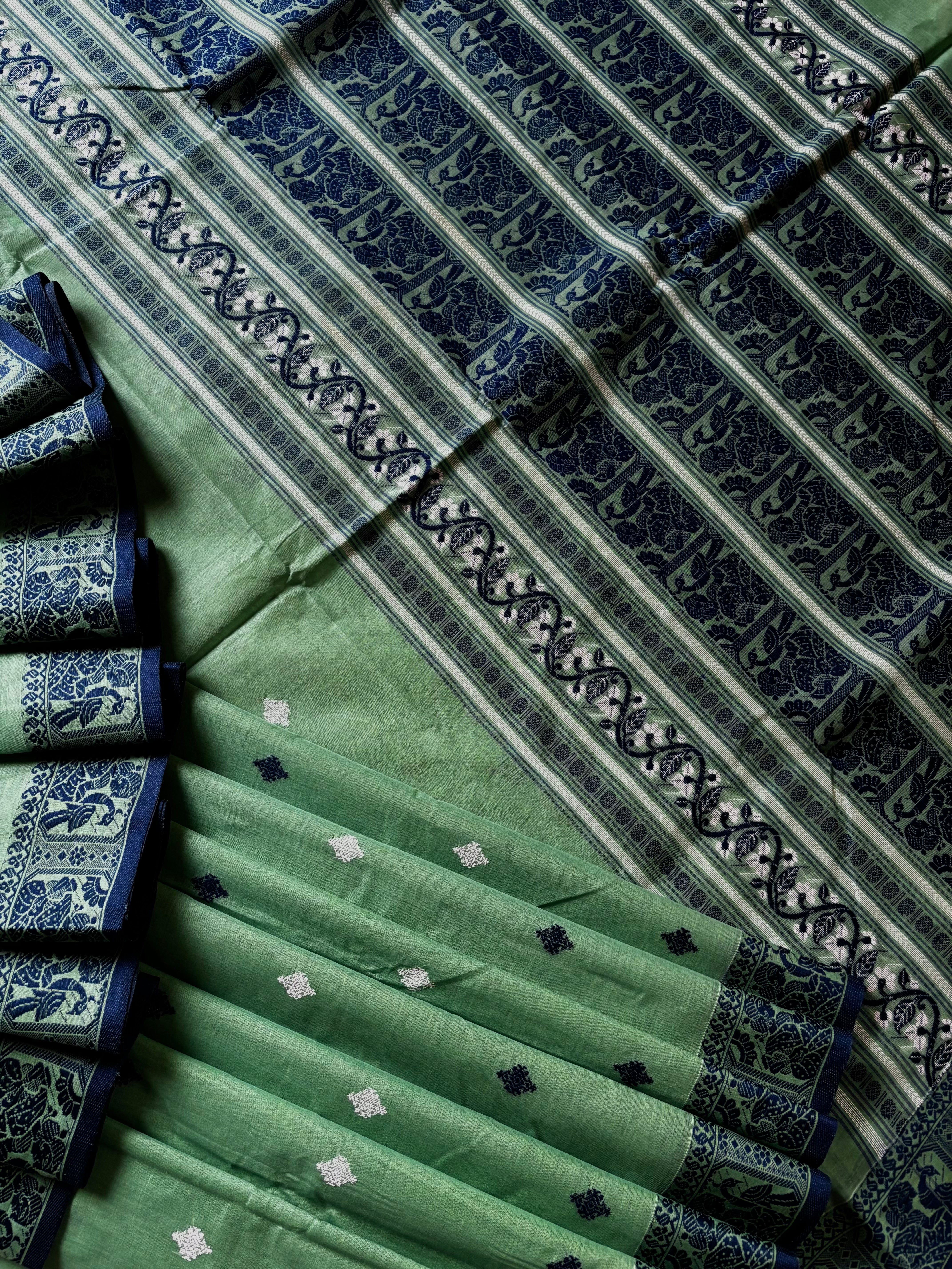 Handwoven Mint Green Colour Cotton Baluchari Saree
