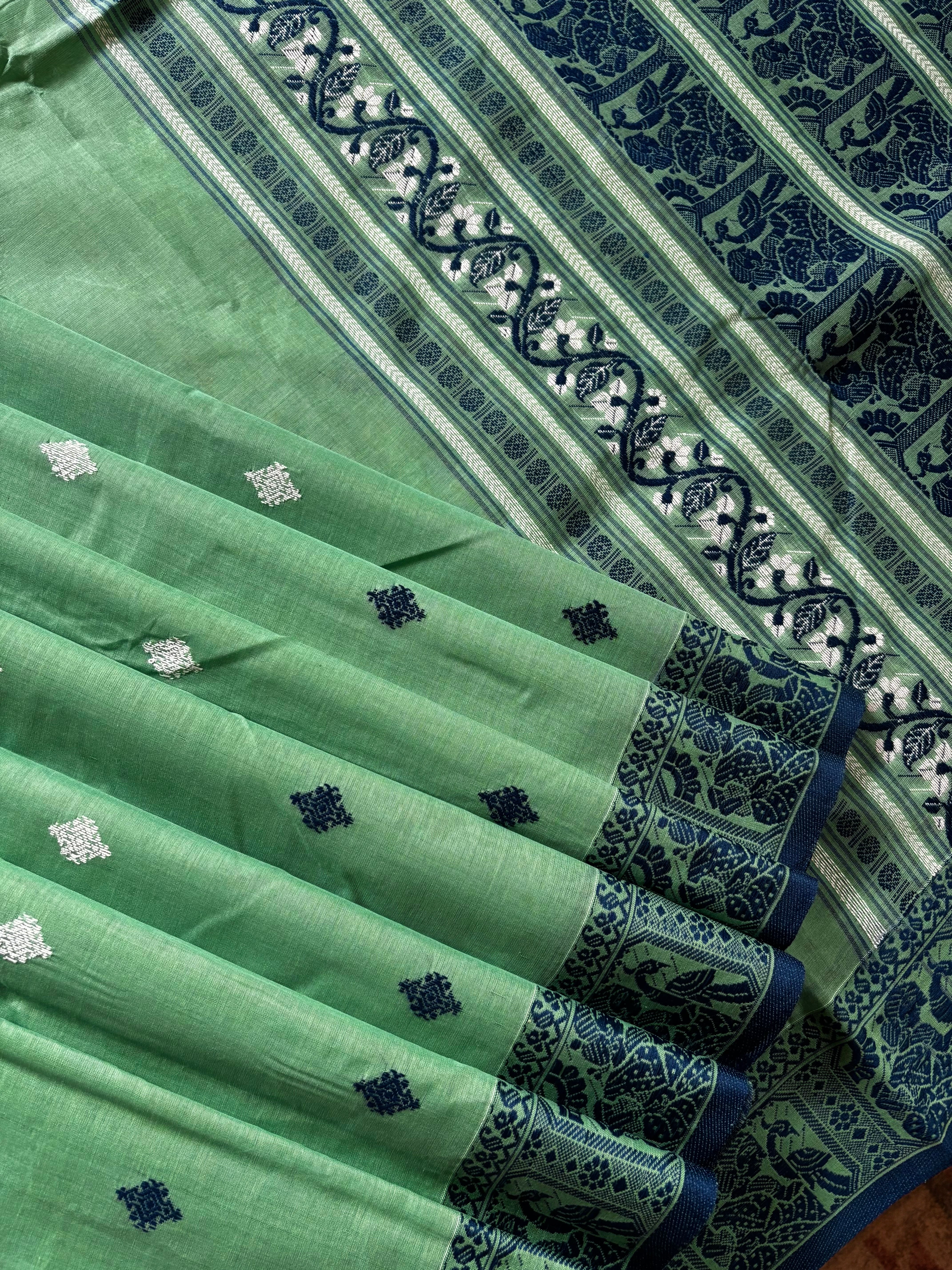 Handwoven Mint Green Colour Cotton Baluchari Saree