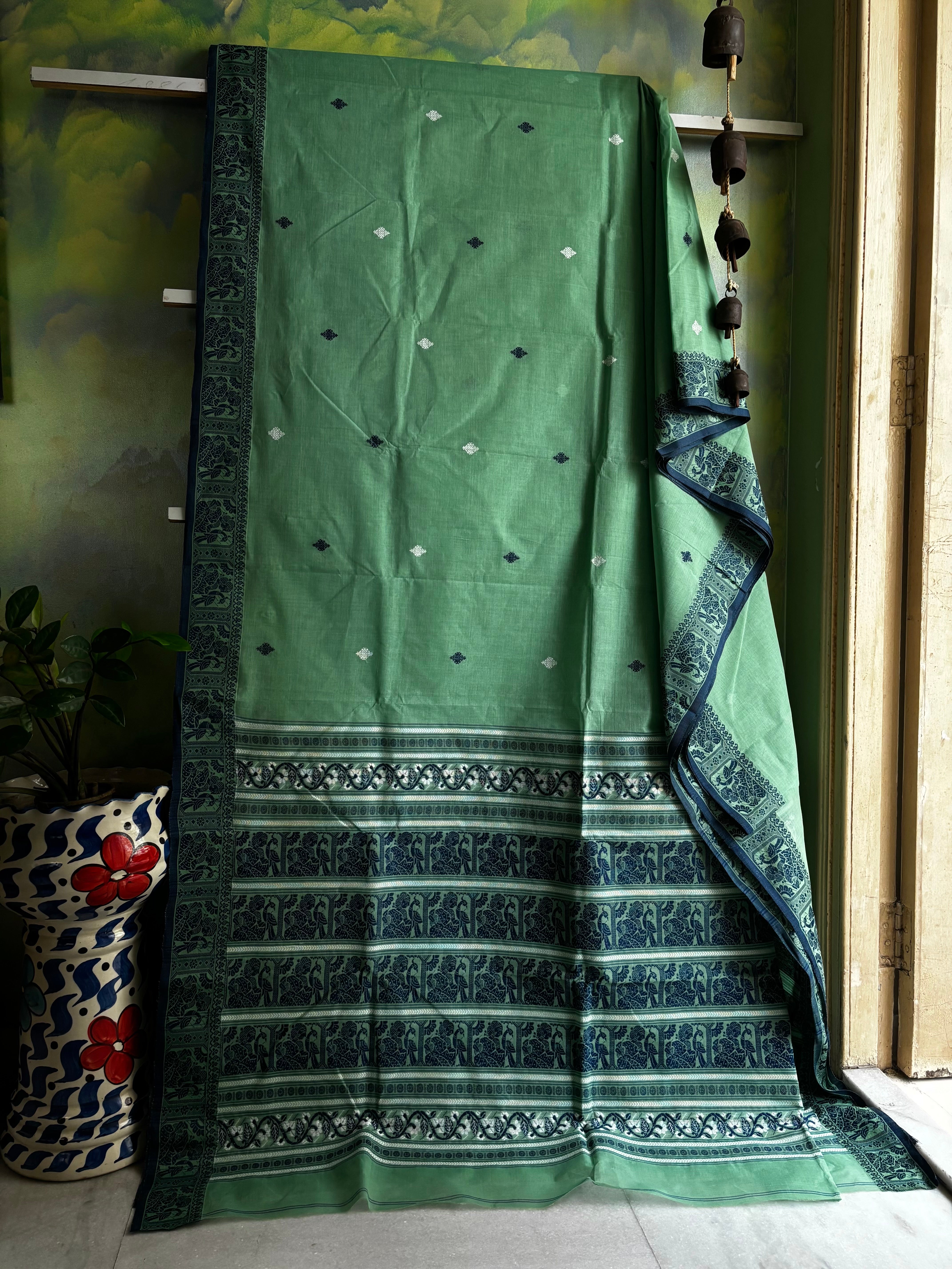 Handwoven Mint Green Colour Cotton Baluchari Saree