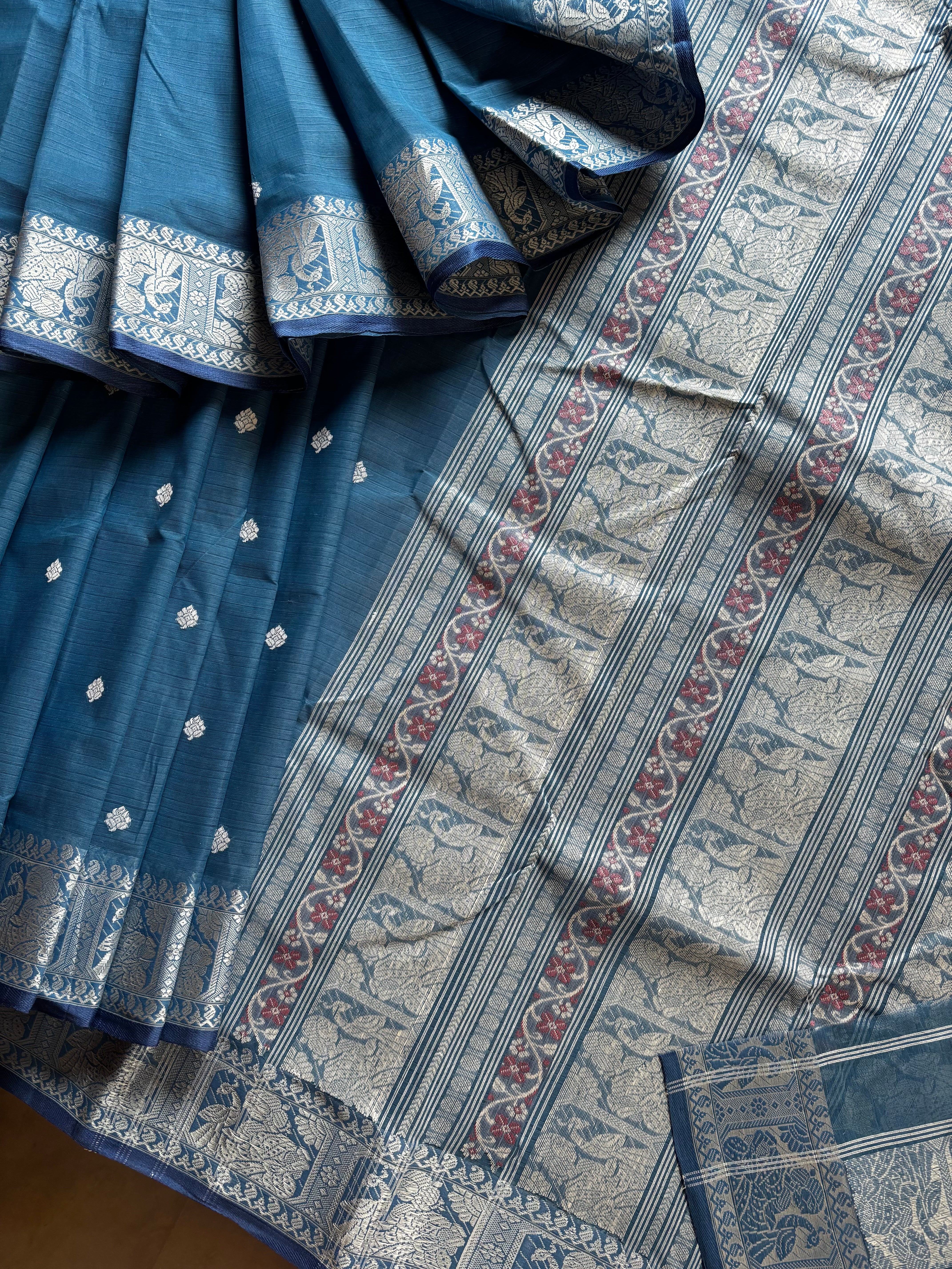 Handwoven Light Blue Colour Cotton Baluchari Saree