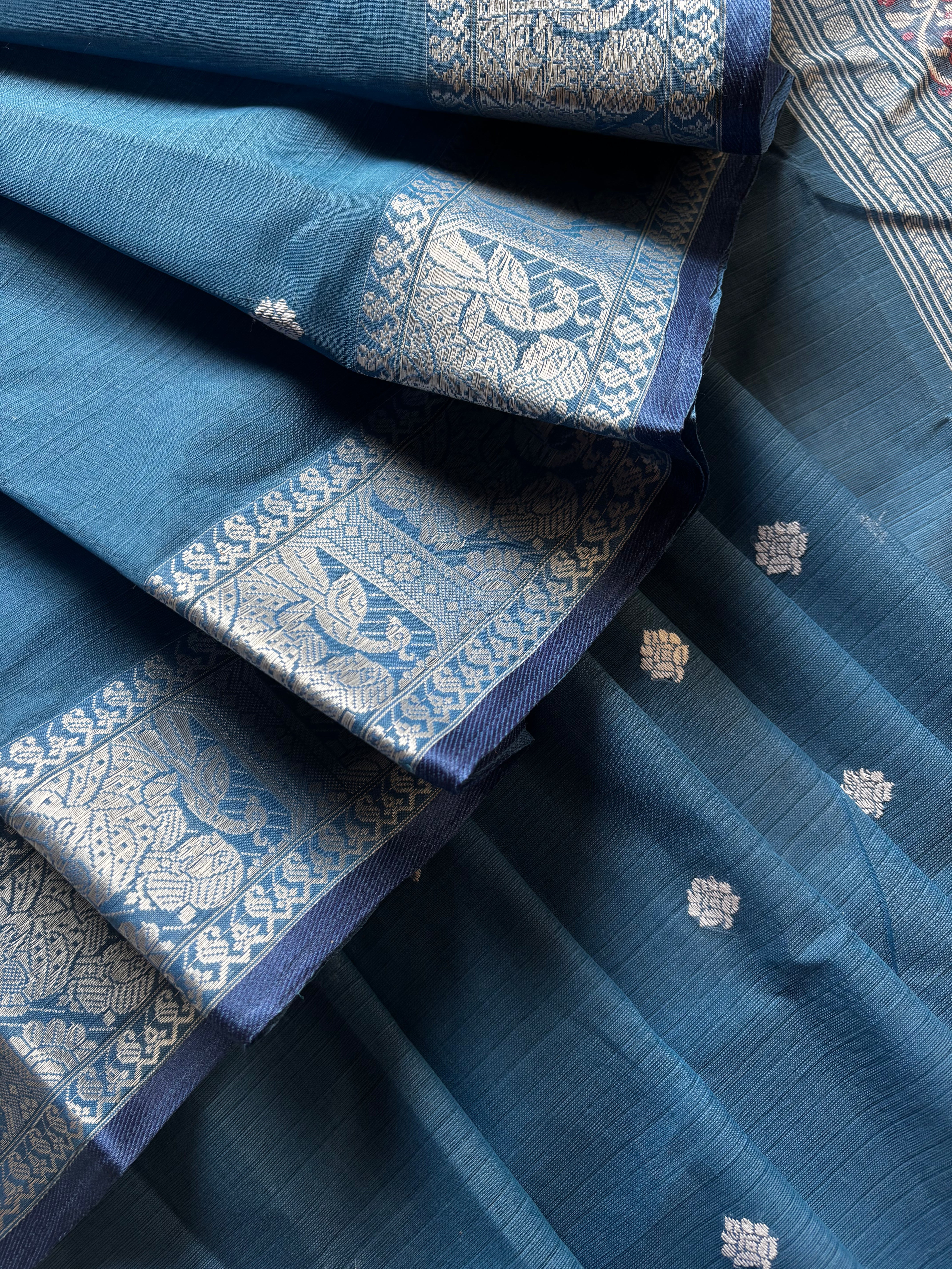 Handwoven Light Blue Colour Cotton Baluchari Saree