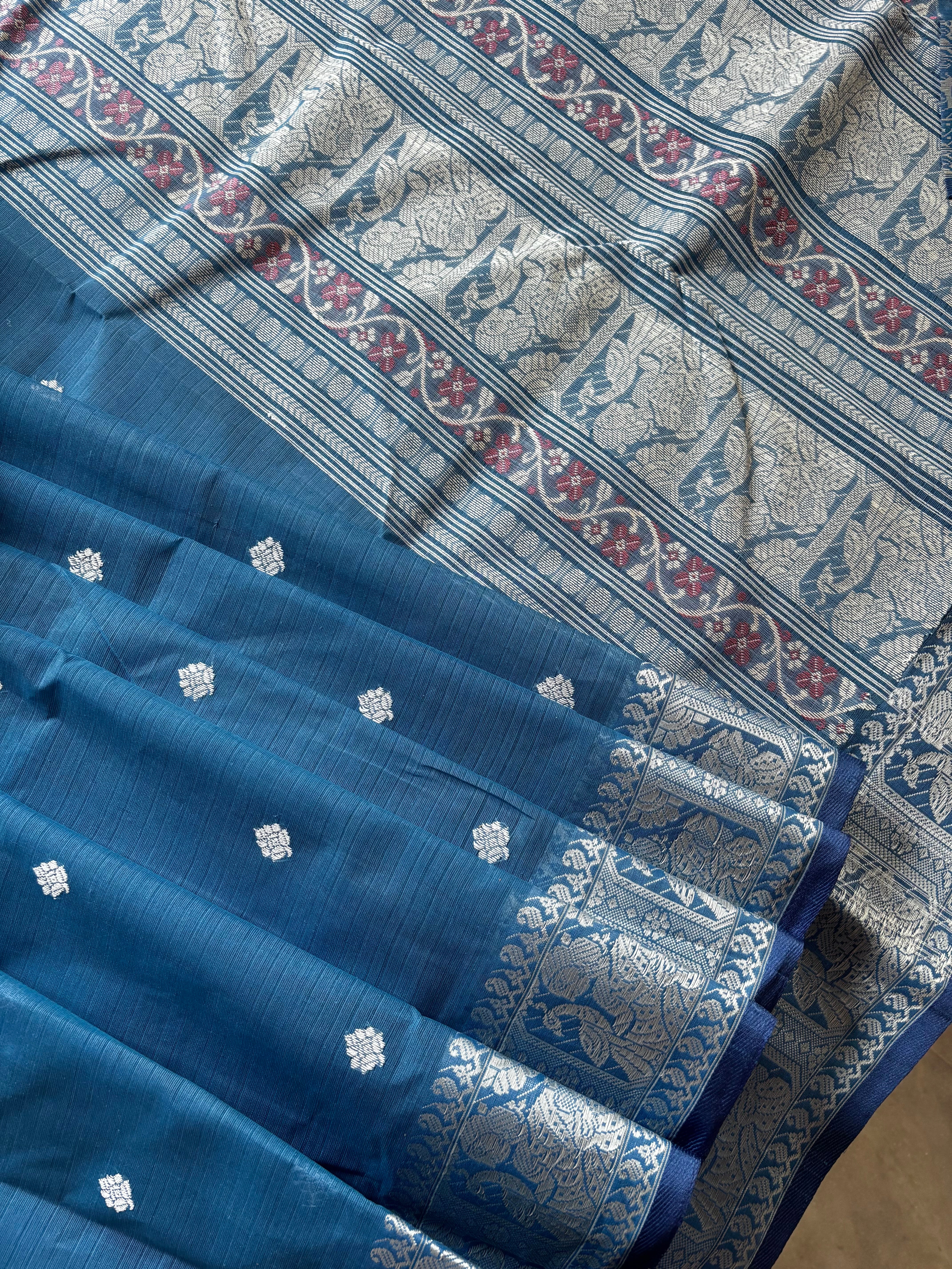 Handwoven Light Blue Colour Cotton Baluchari Saree