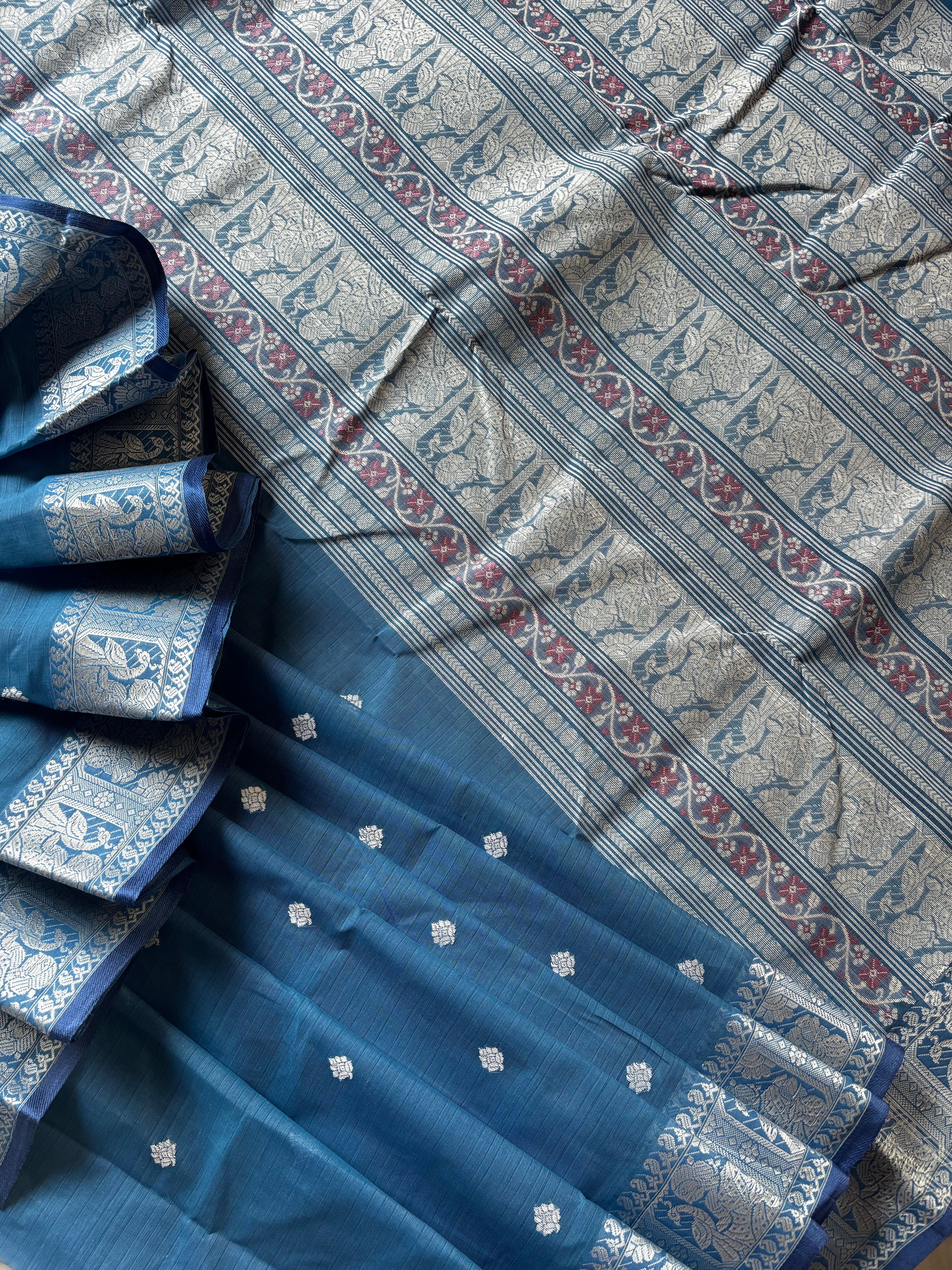 Handwoven Light Blue Colour Cotton Baluchari Saree