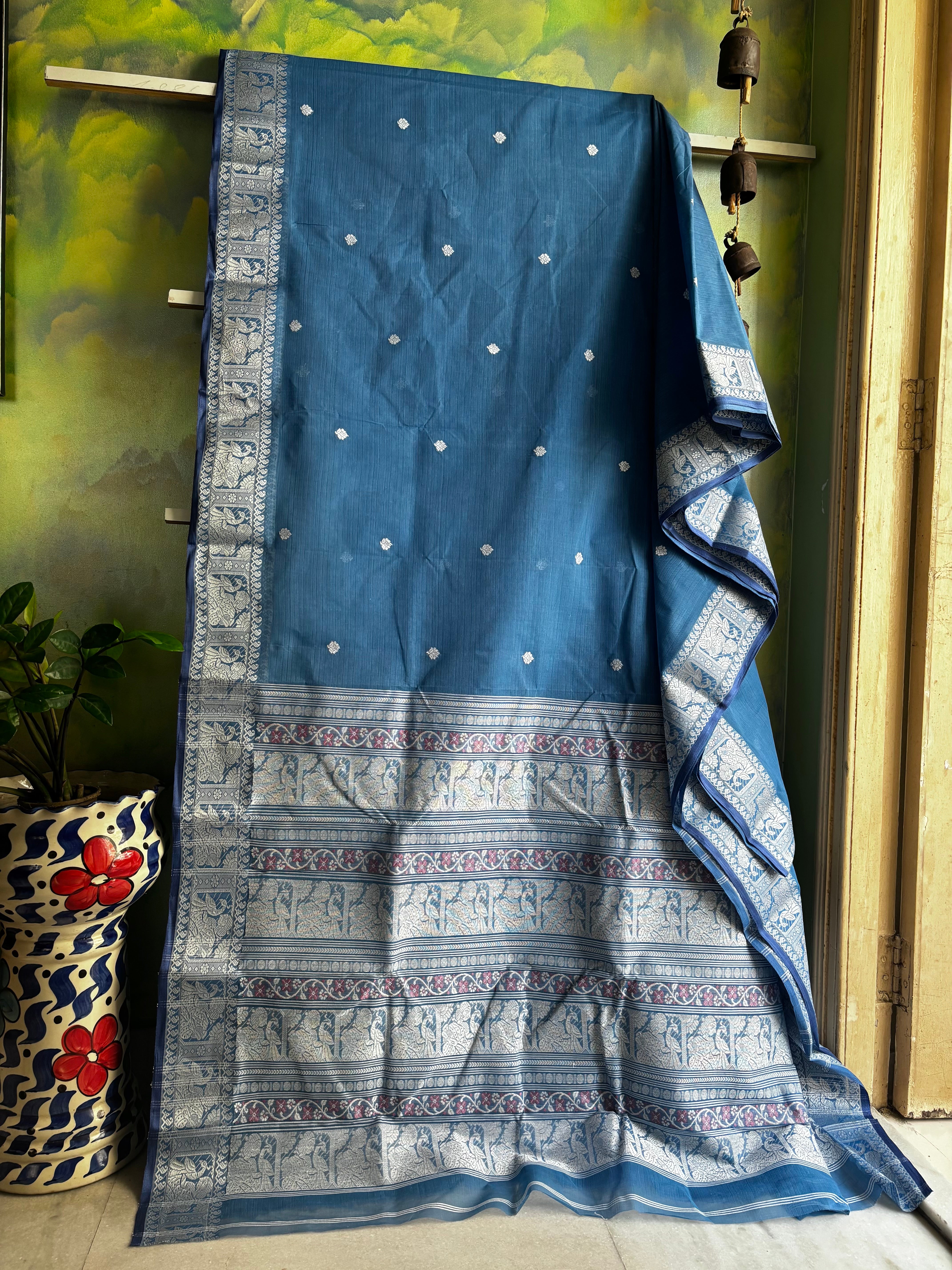 Handwoven Light Blue Colour Cotton Baluchari Saree