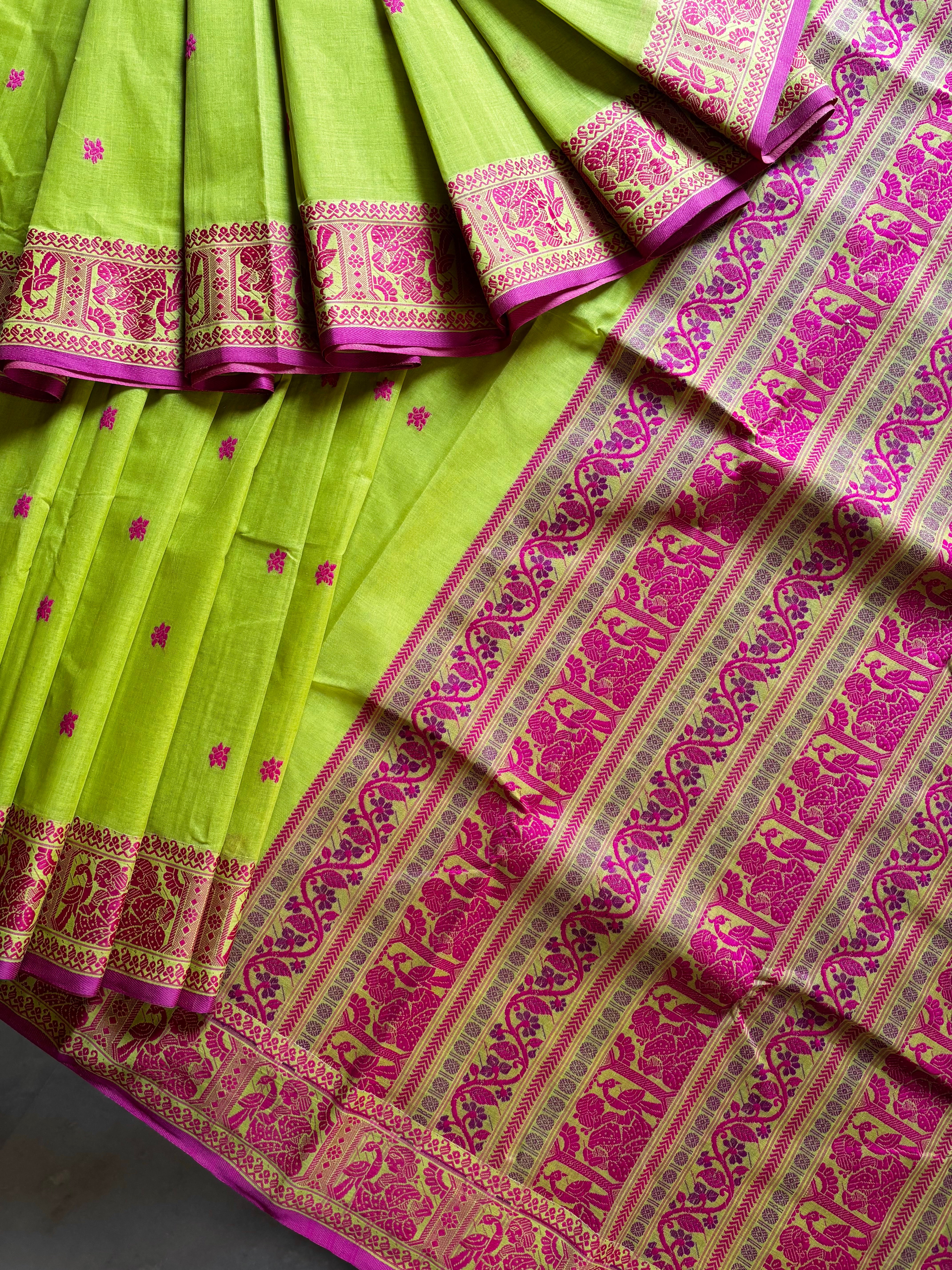 Handwoven Lime Yellow Colour Cotton Baluchari Saree