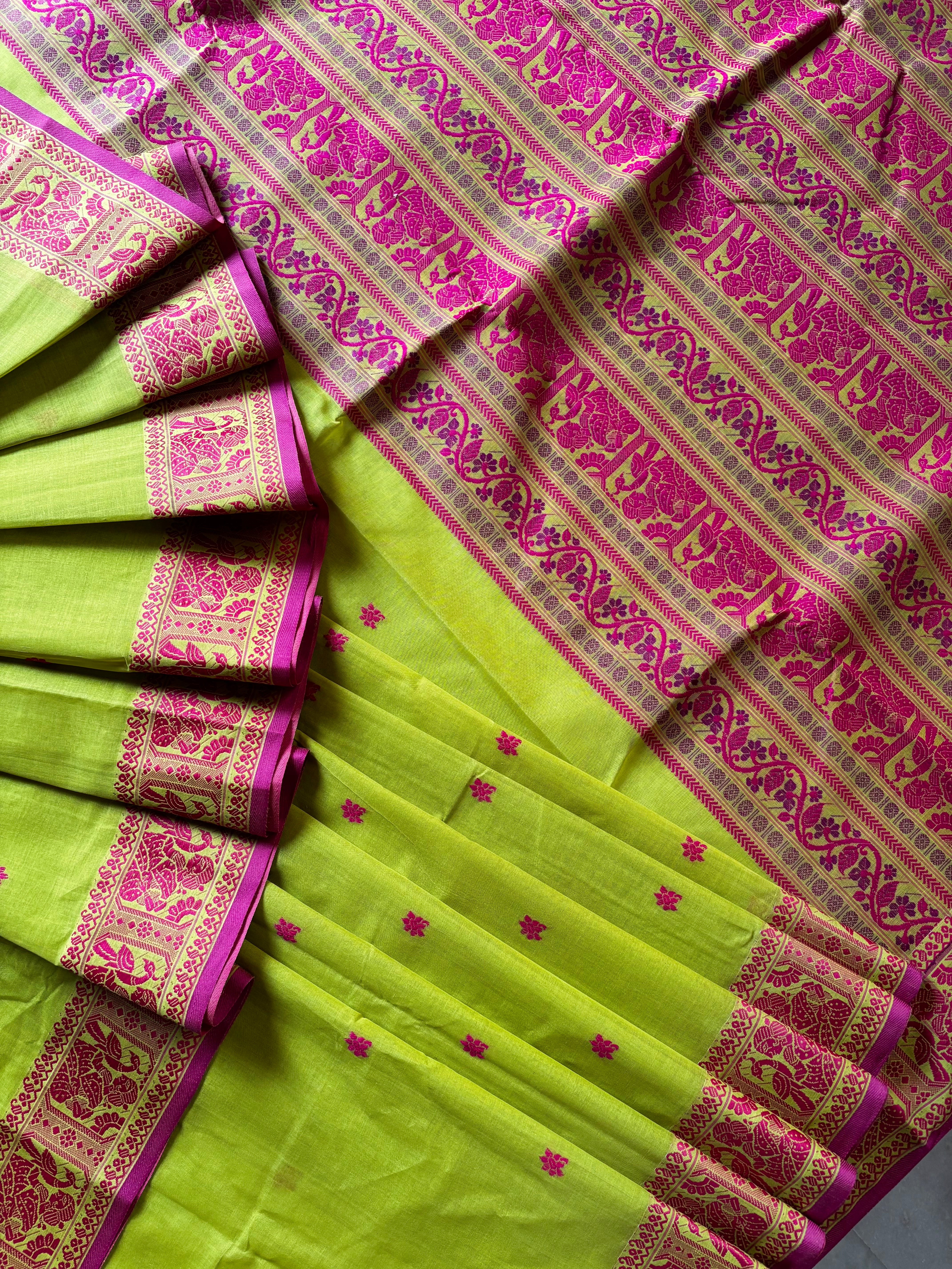 Handwoven Lime Yellow Colour Cotton Baluchari Saree