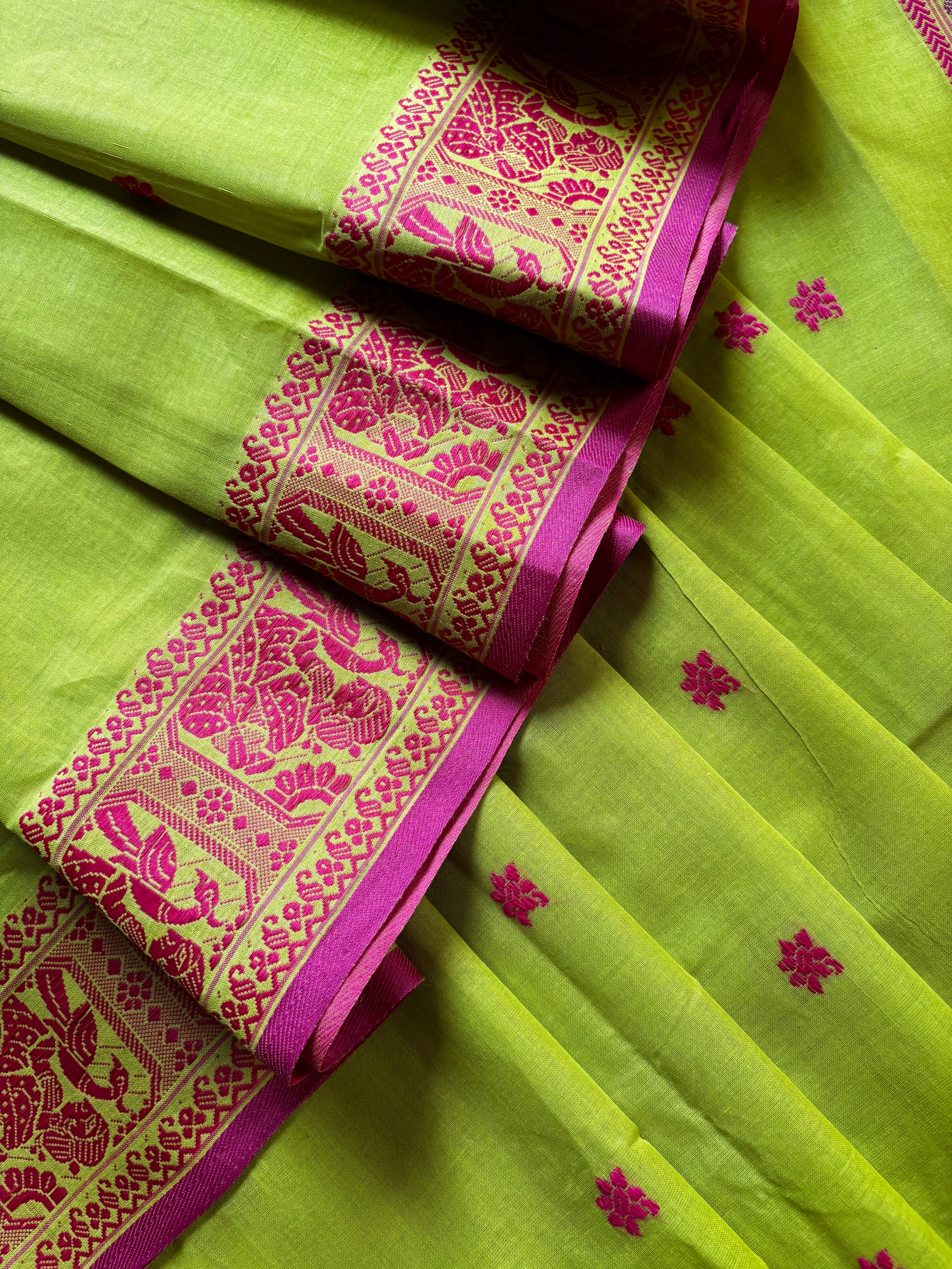 Handwoven Lime Yellow Colour Cotton Baluchari Saree