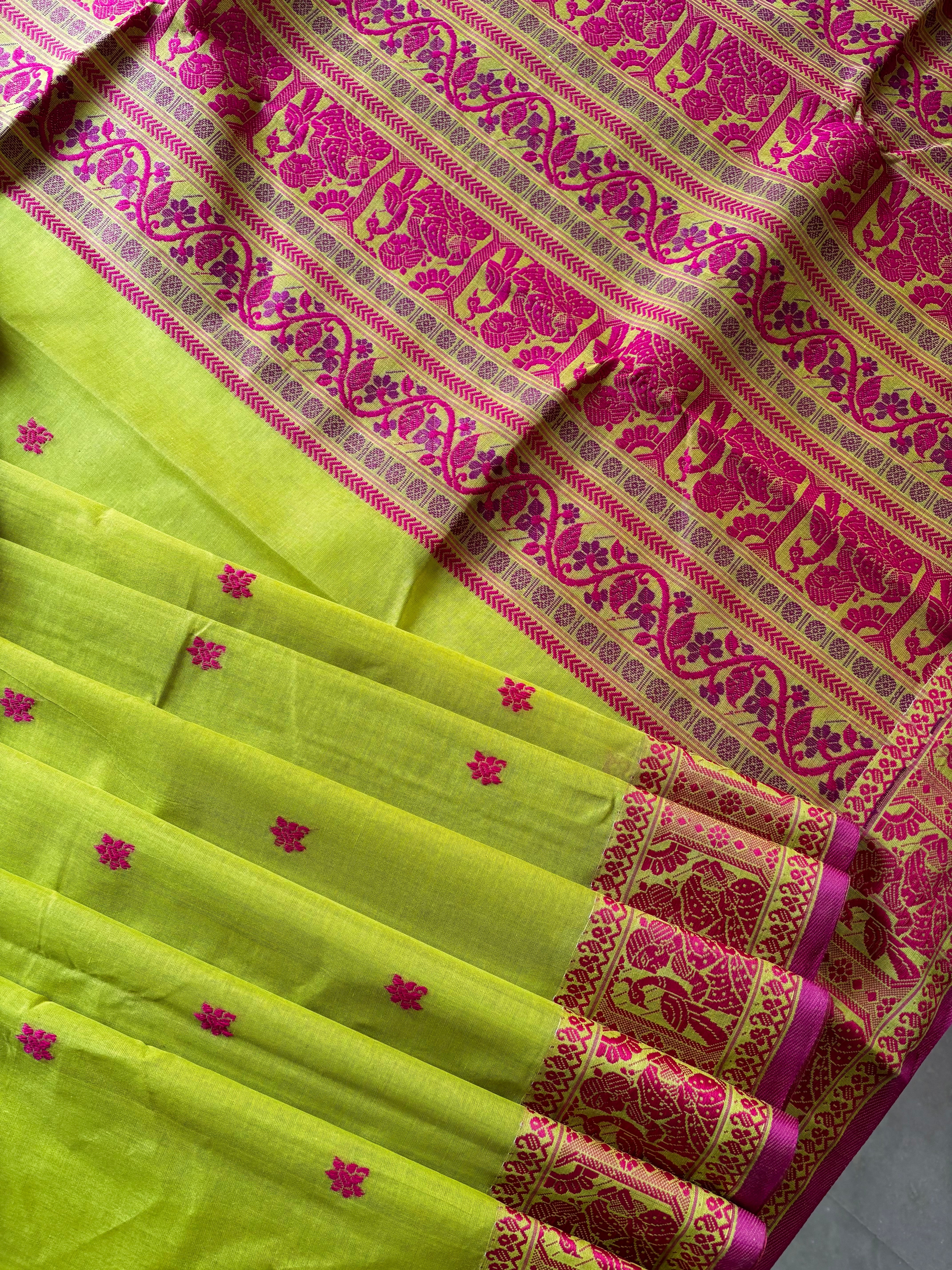 Handwoven Lime Yellow Colour Cotton Baluchari Saree