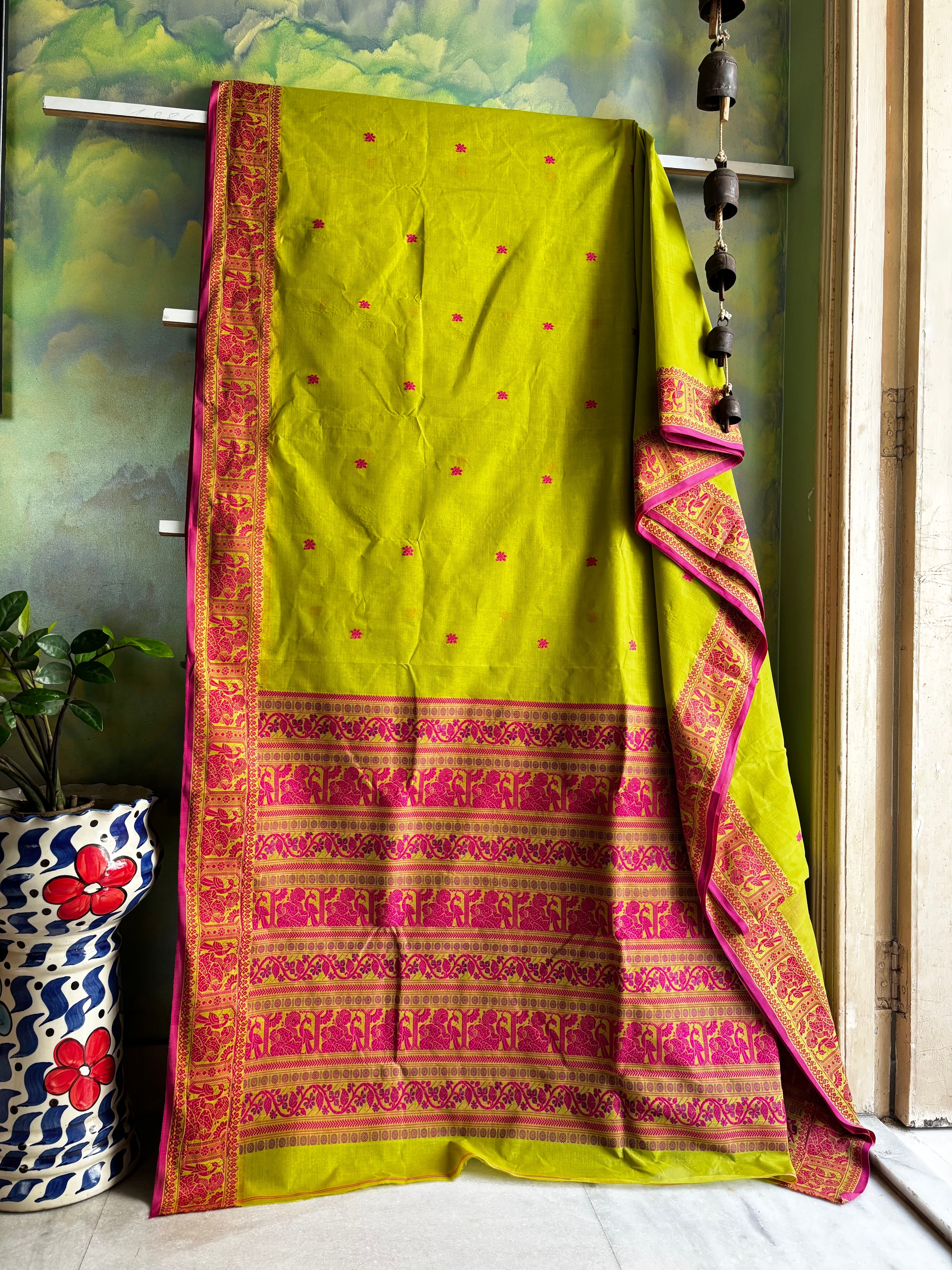Handwoven Lime Yellow Colour Cotton Baluchari Saree