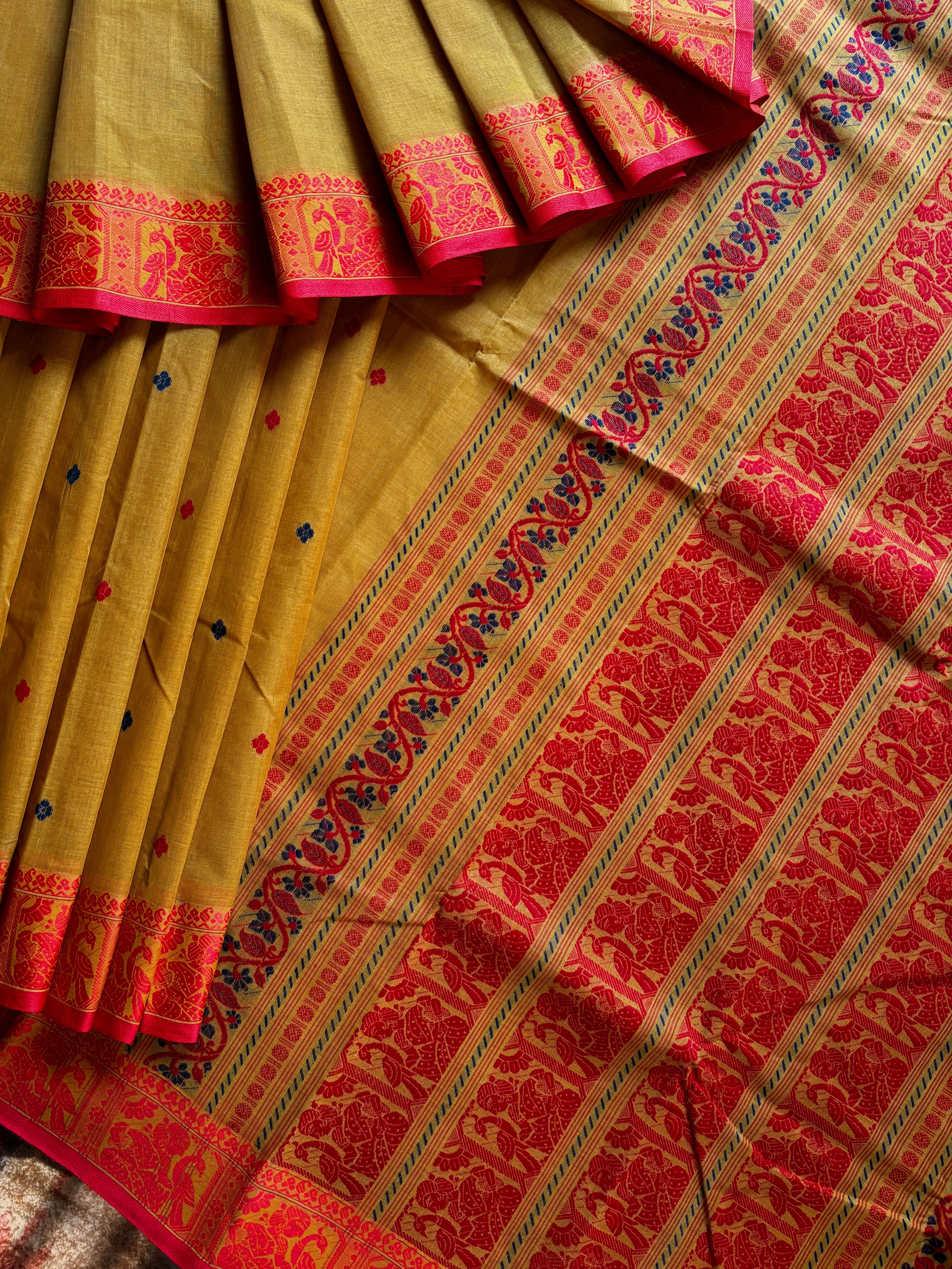 Handwoven Mustard Colour Cotton Baluchari Saree