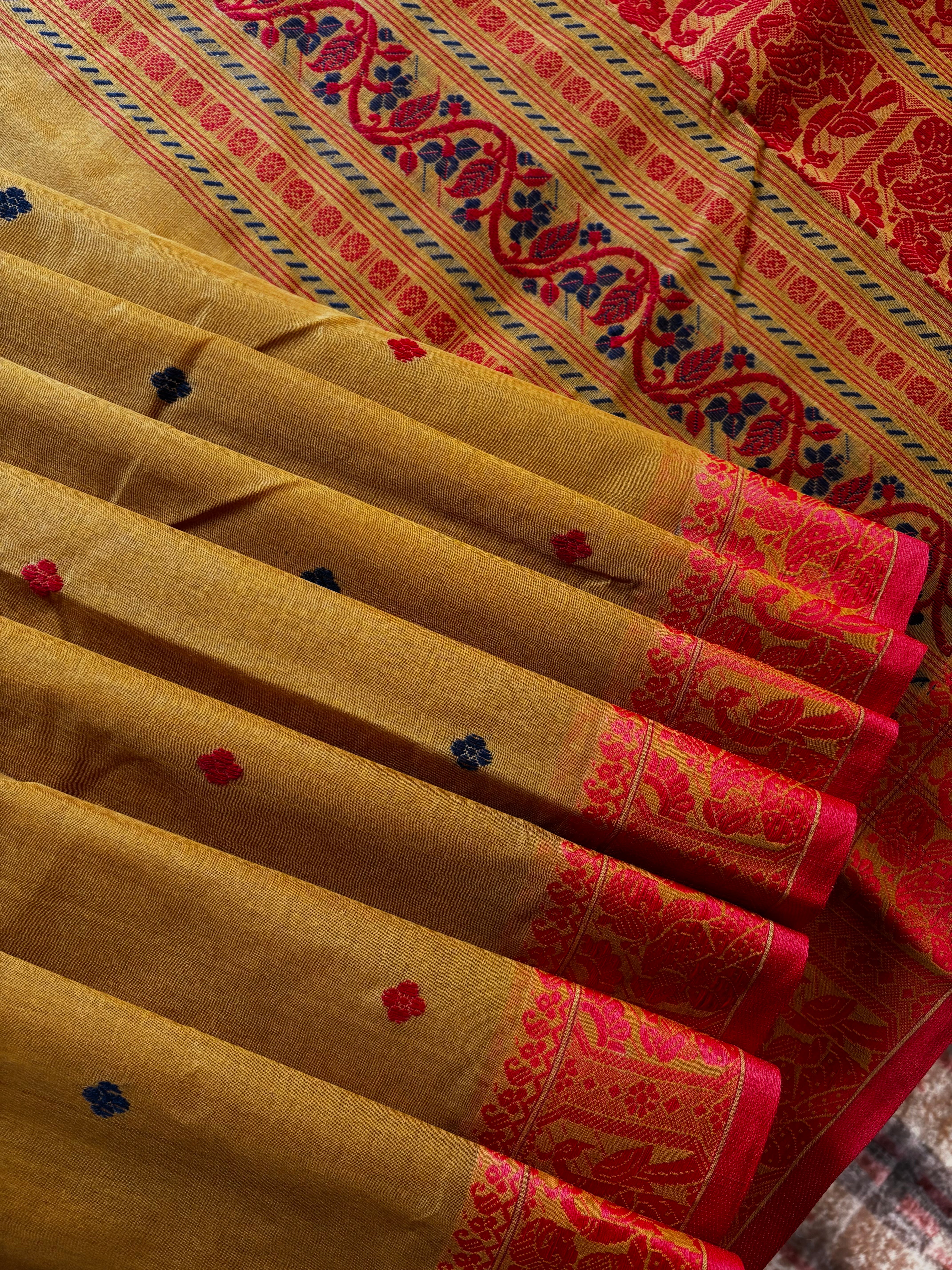 Handwoven Mustard Colour Cotton Baluchari Saree