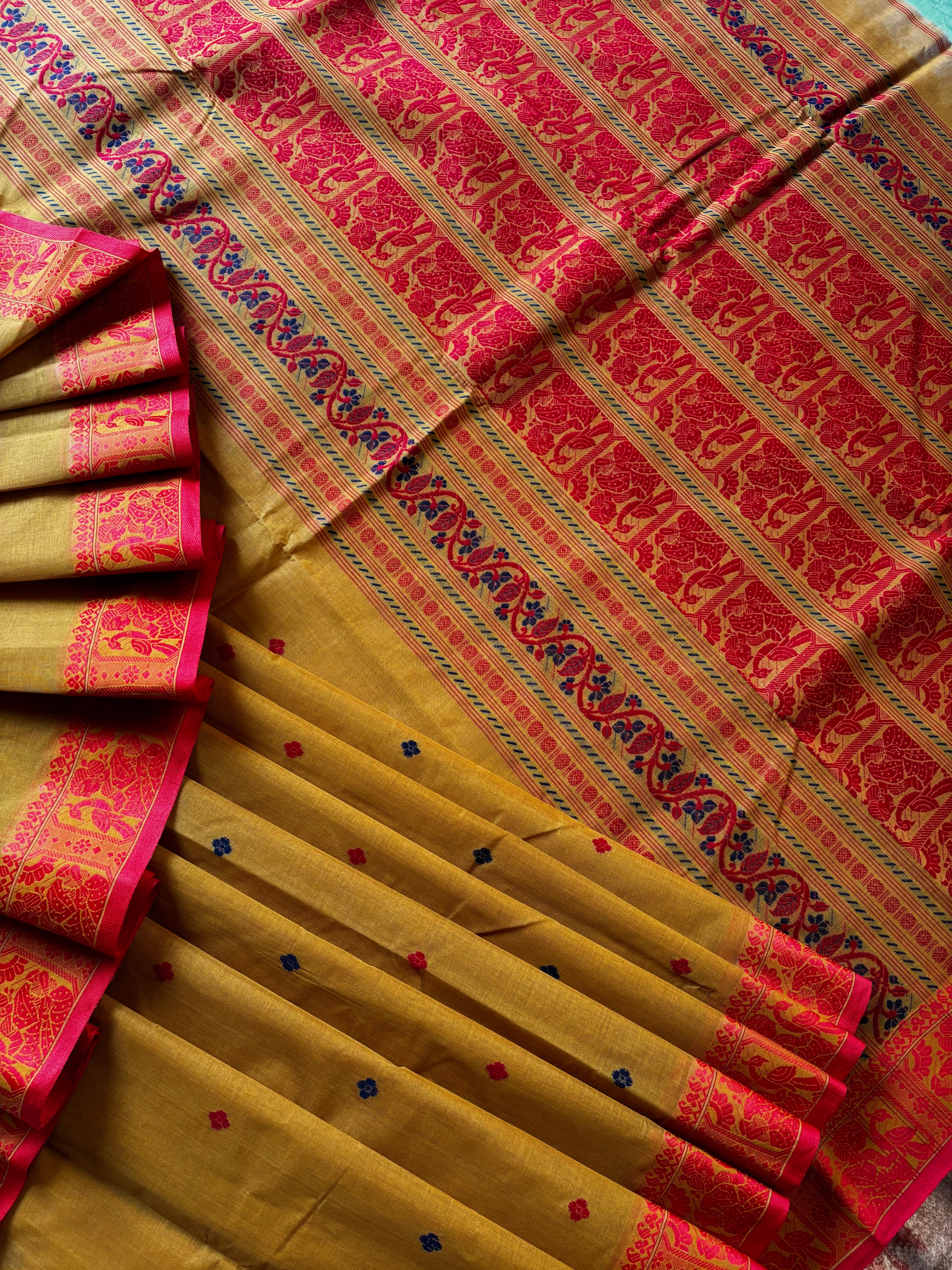Handwoven Mustard Colour Cotton Baluchari Saree