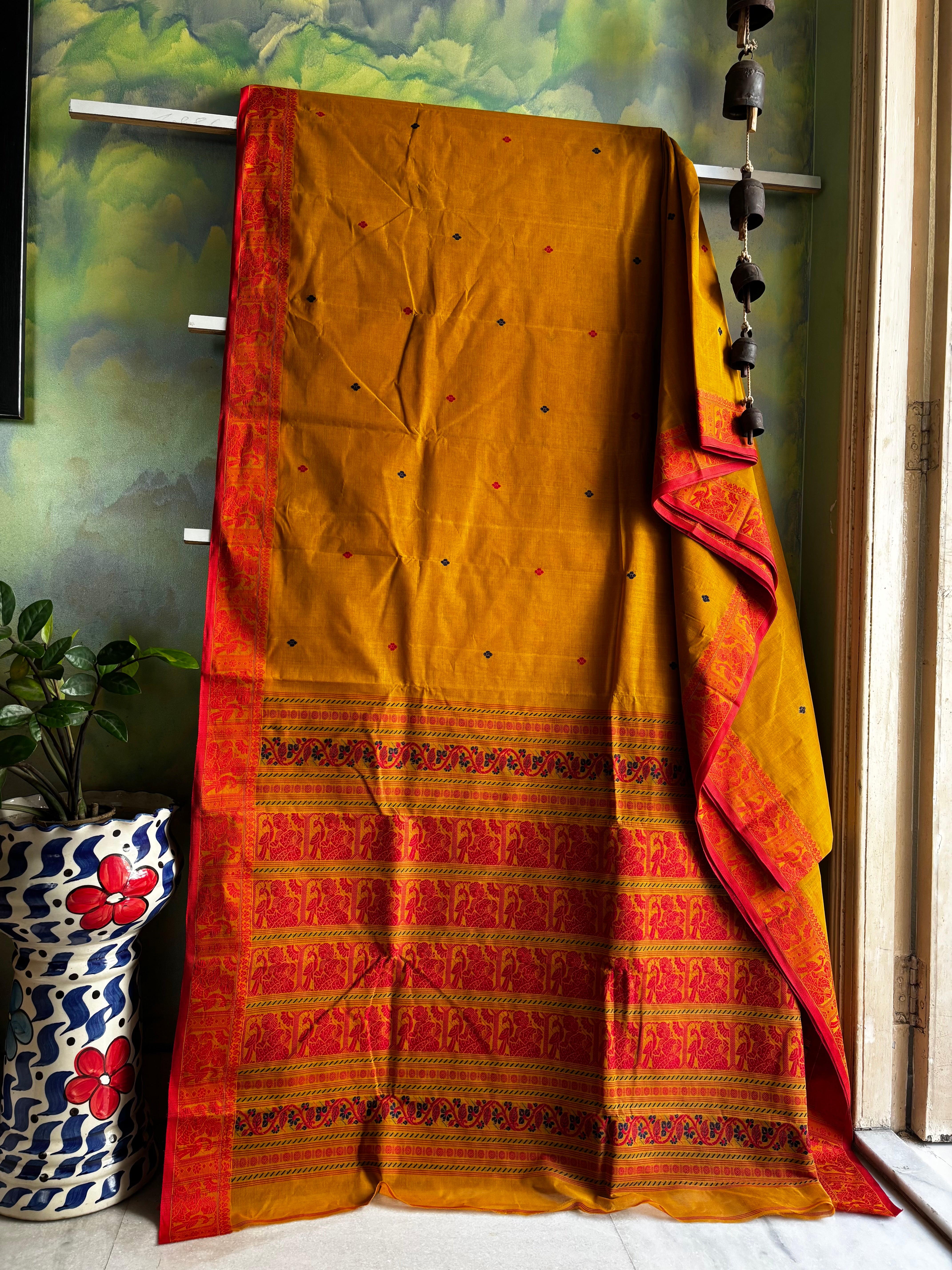 Handwoven Mustard Colour Cotton Baluchari Saree