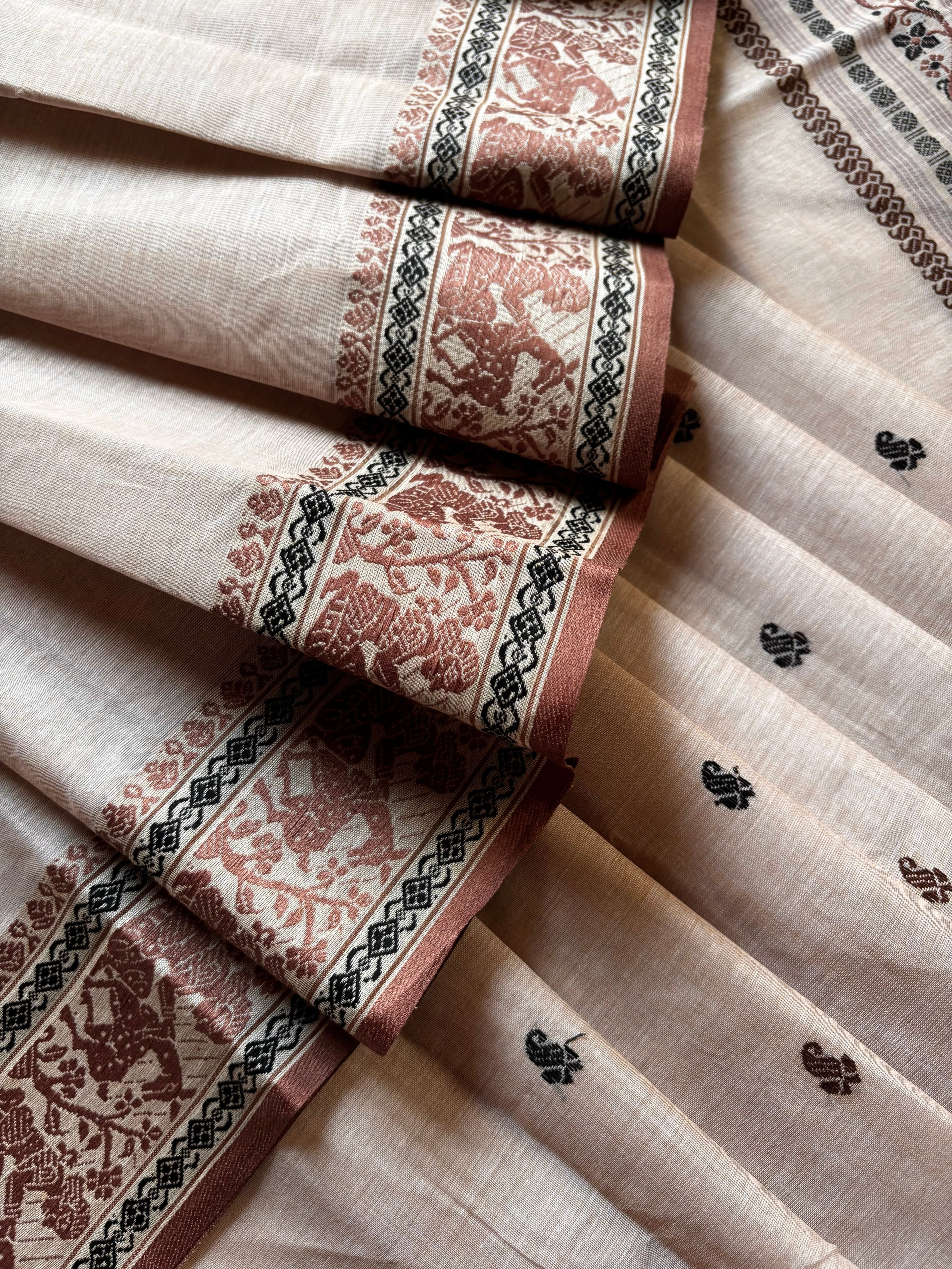 Handwoven Light Beige Cotton Baluchari Saree