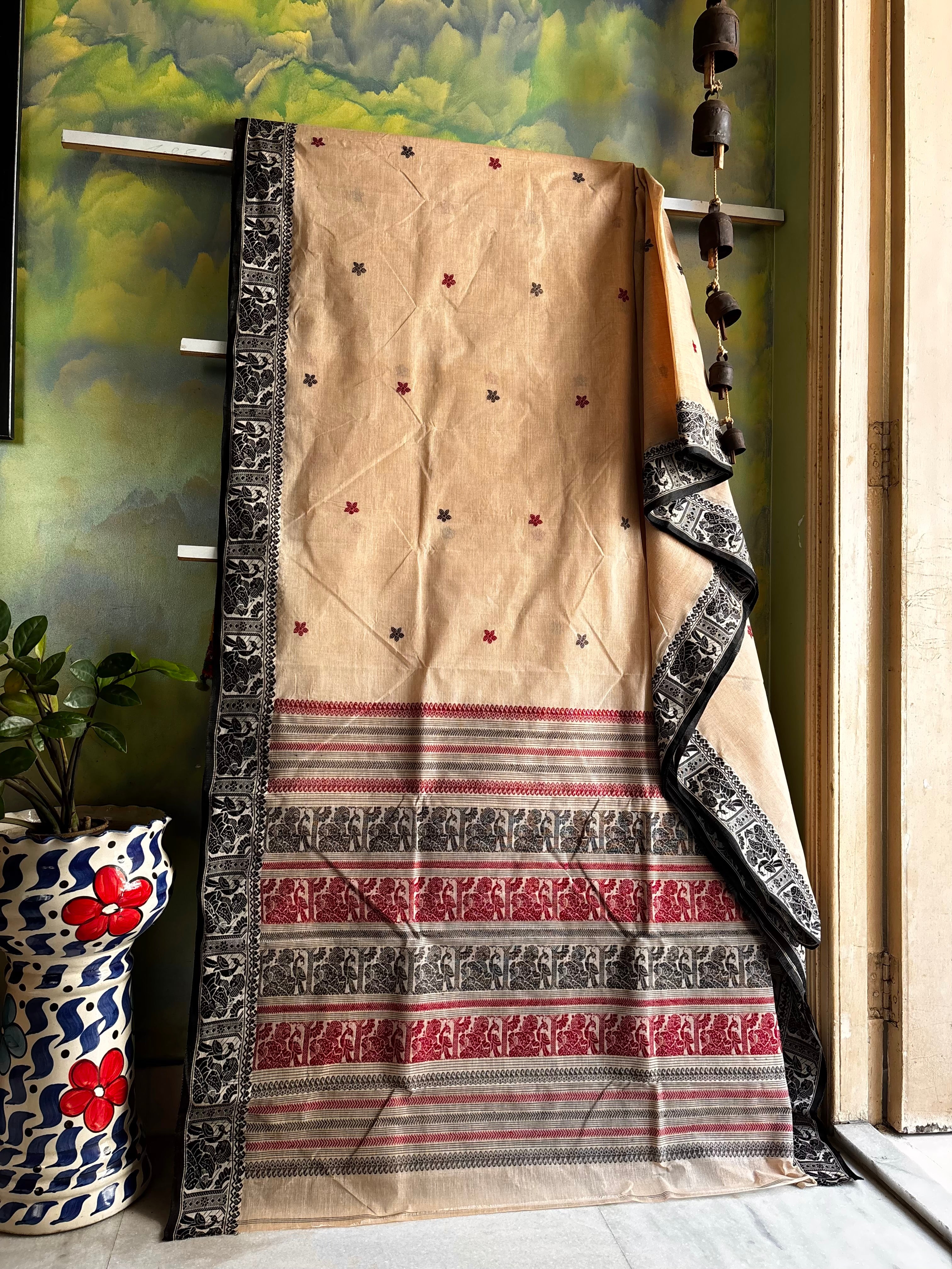 Handwoven Light Beige Cotton Baluchari Saree
