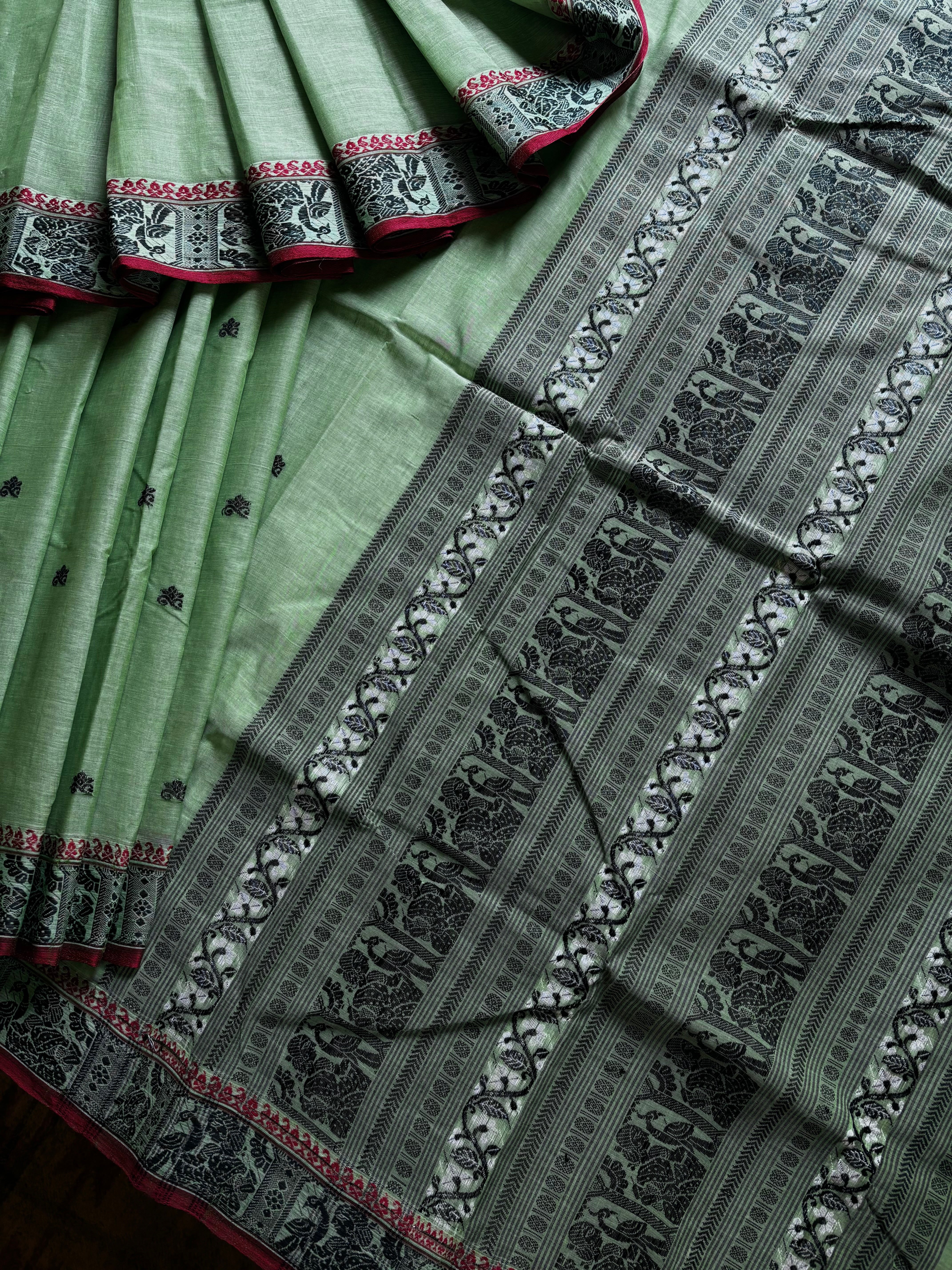 Handwoven Light Mint Green Colour Cotton Baluchari Saree