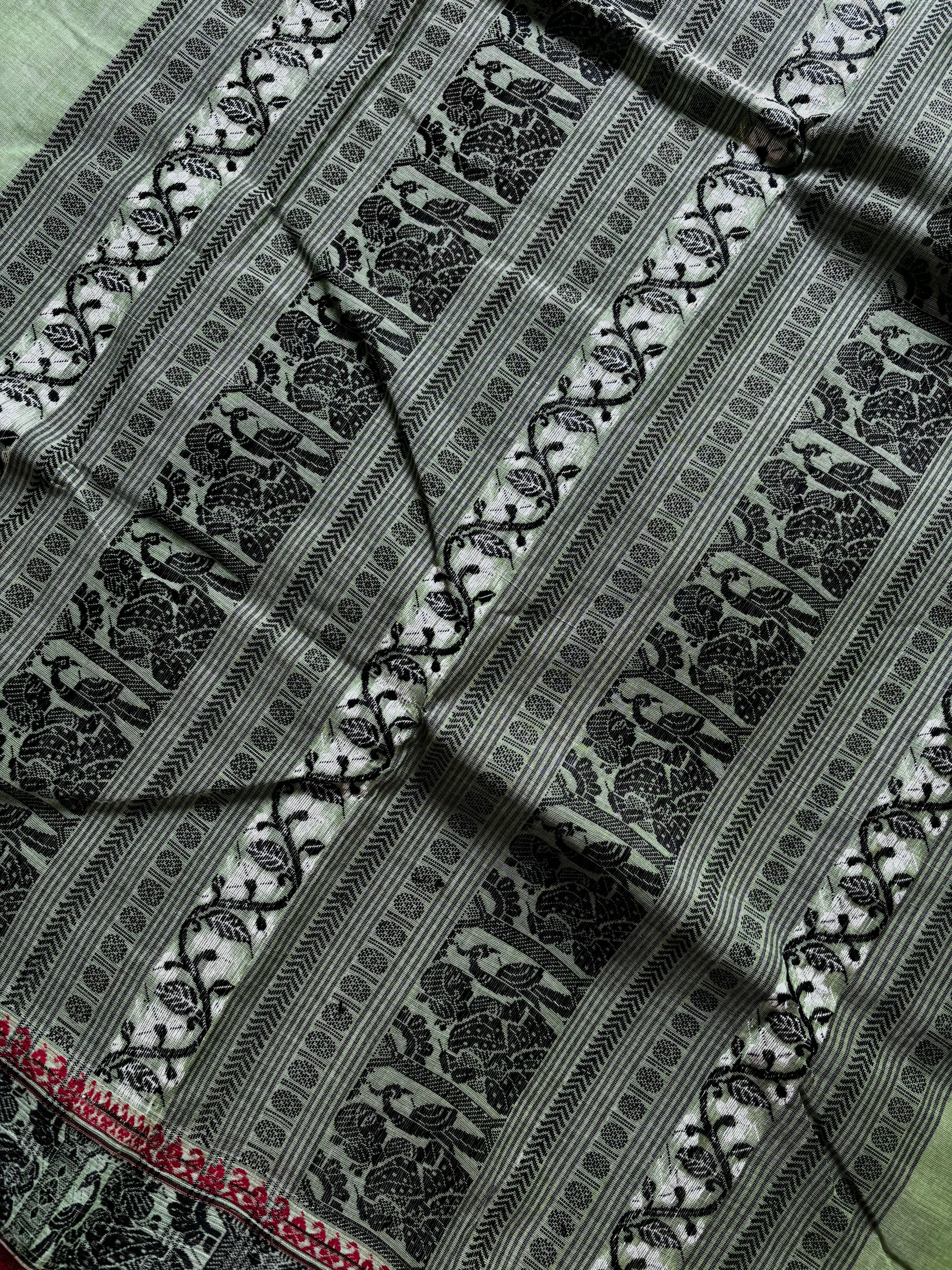 Handwoven Light Mint Green Colour Cotton Baluchari Saree