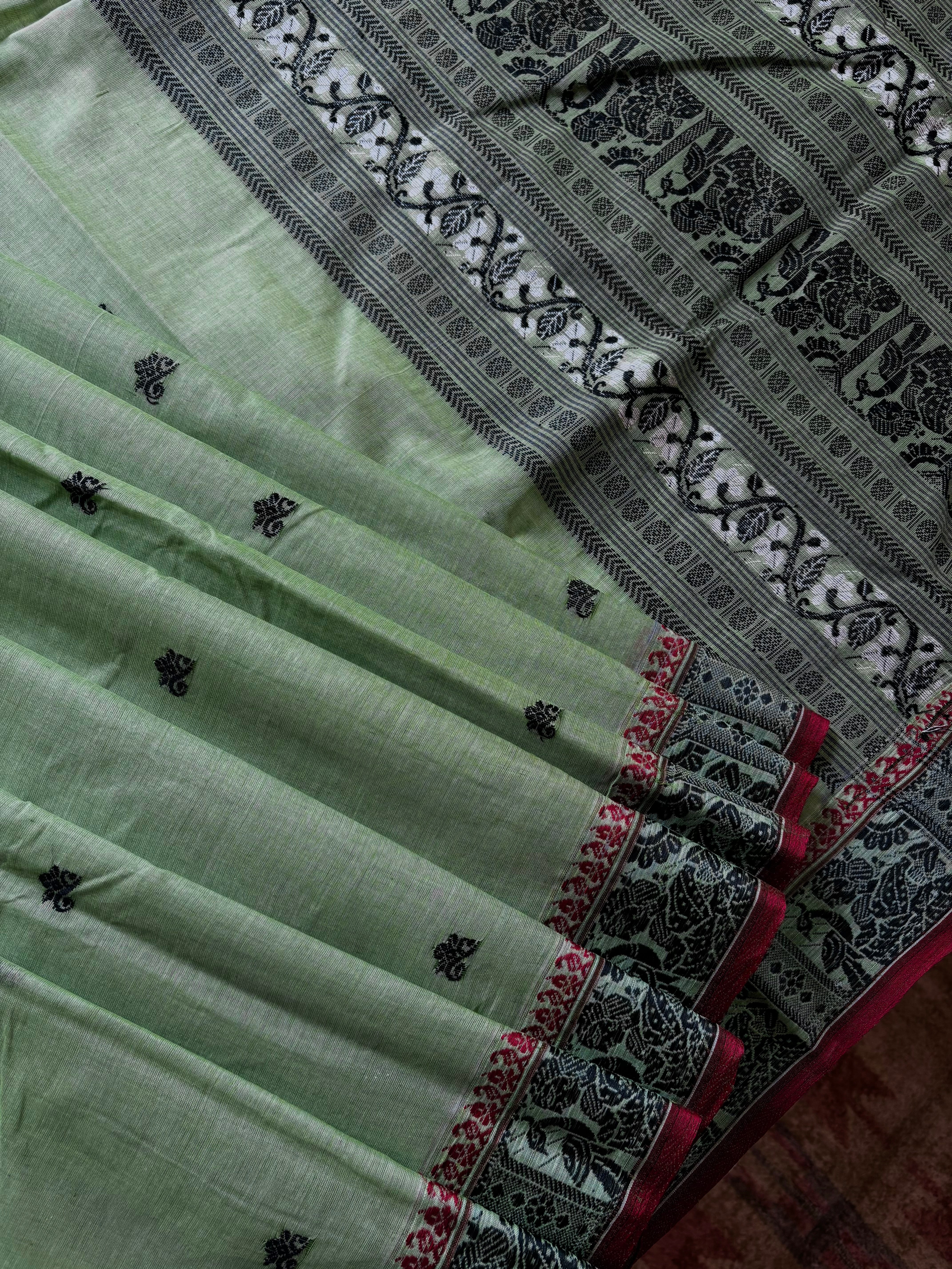 Handwoven Light Mint Green Colour Cotton Baluchari Saree