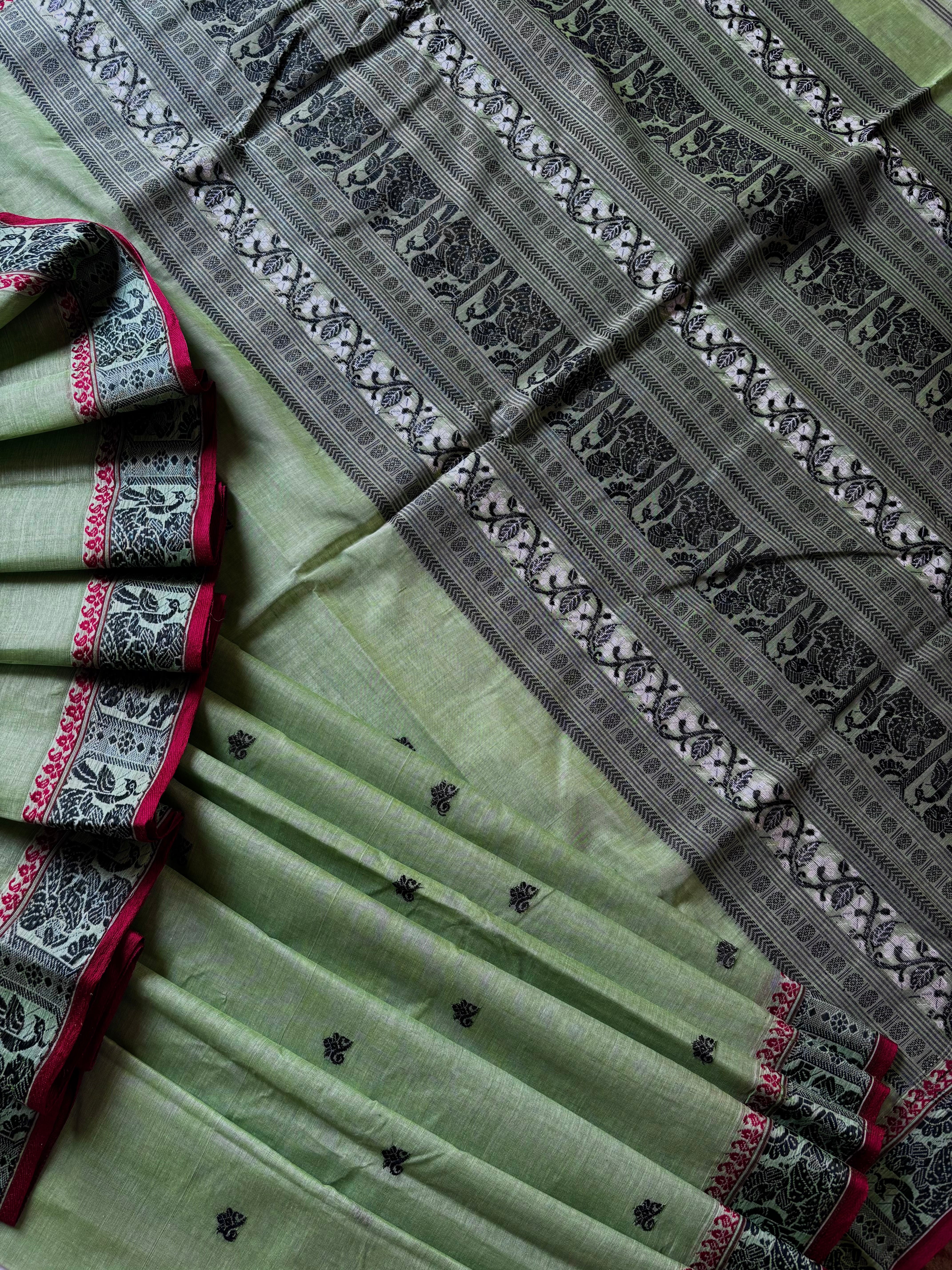 Handwoven Light Mint Green Colour Cotton Baluchari Saree