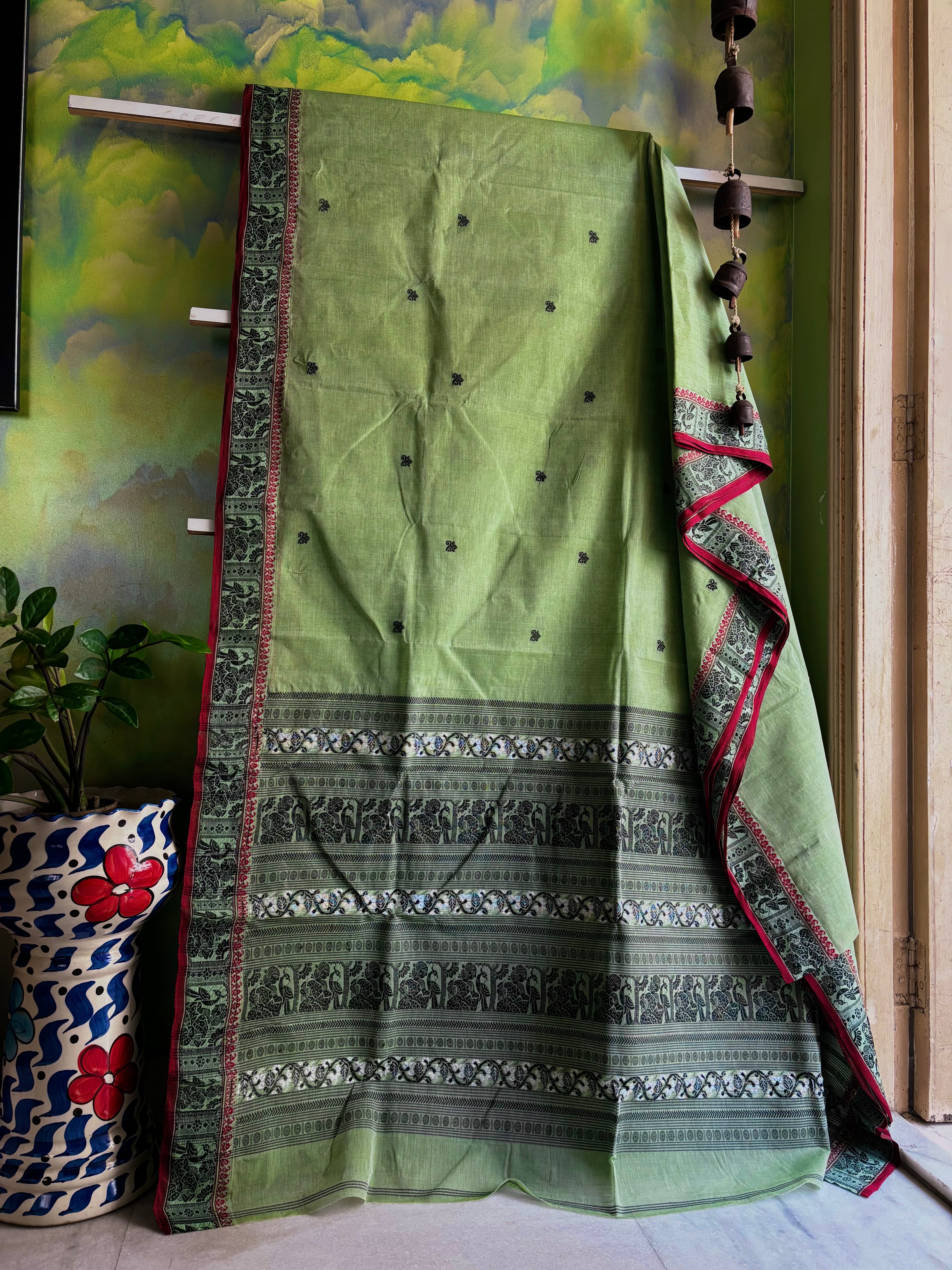 Handwoven Light Mint Green Colour Cotton Baluchari Saree