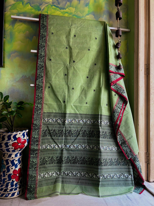 Handwoven Light Mint Green Colour Cotton Baluchari Saree