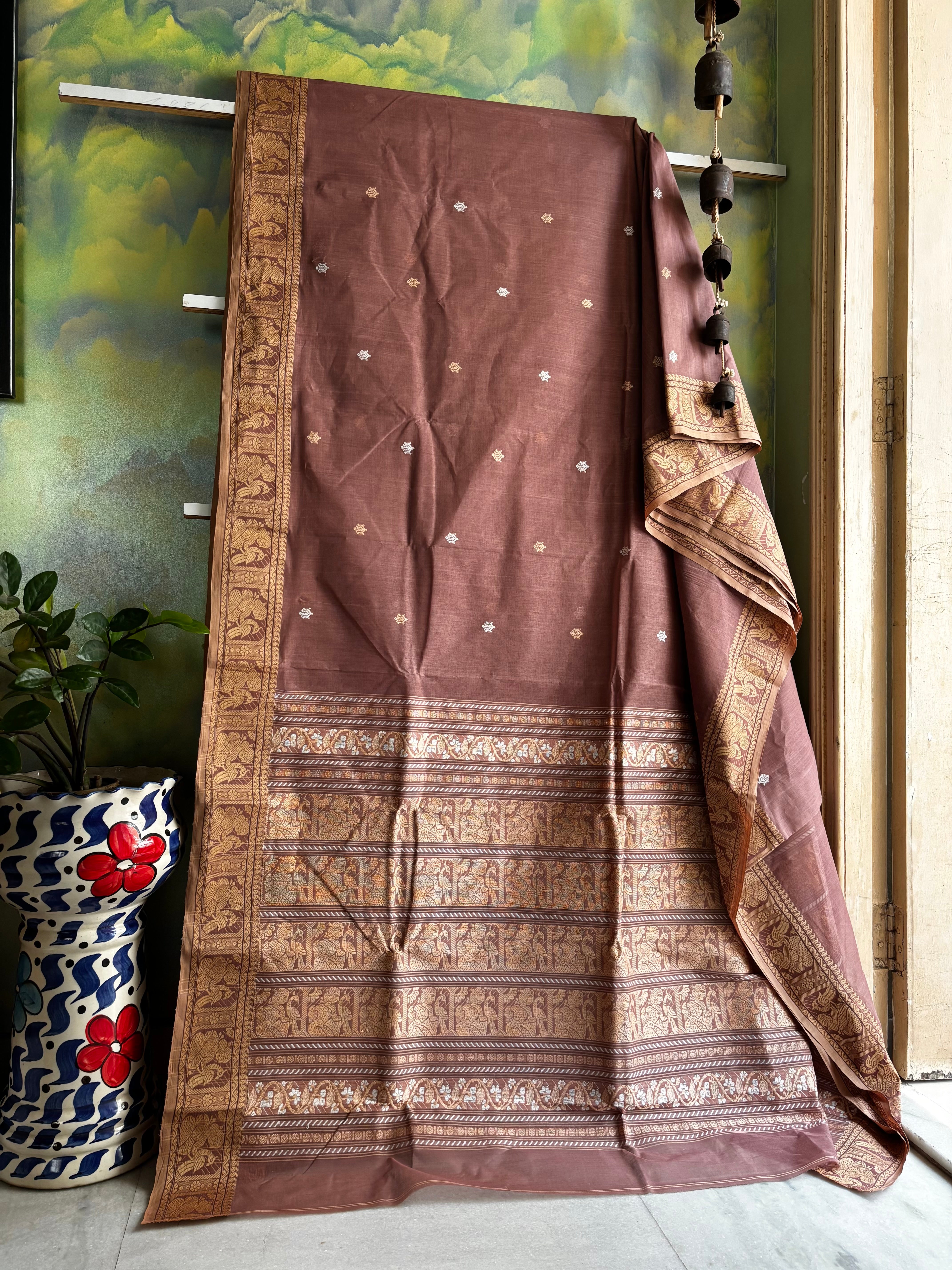 Handwoven Light Brown Colour Cotton Baluchari Saree