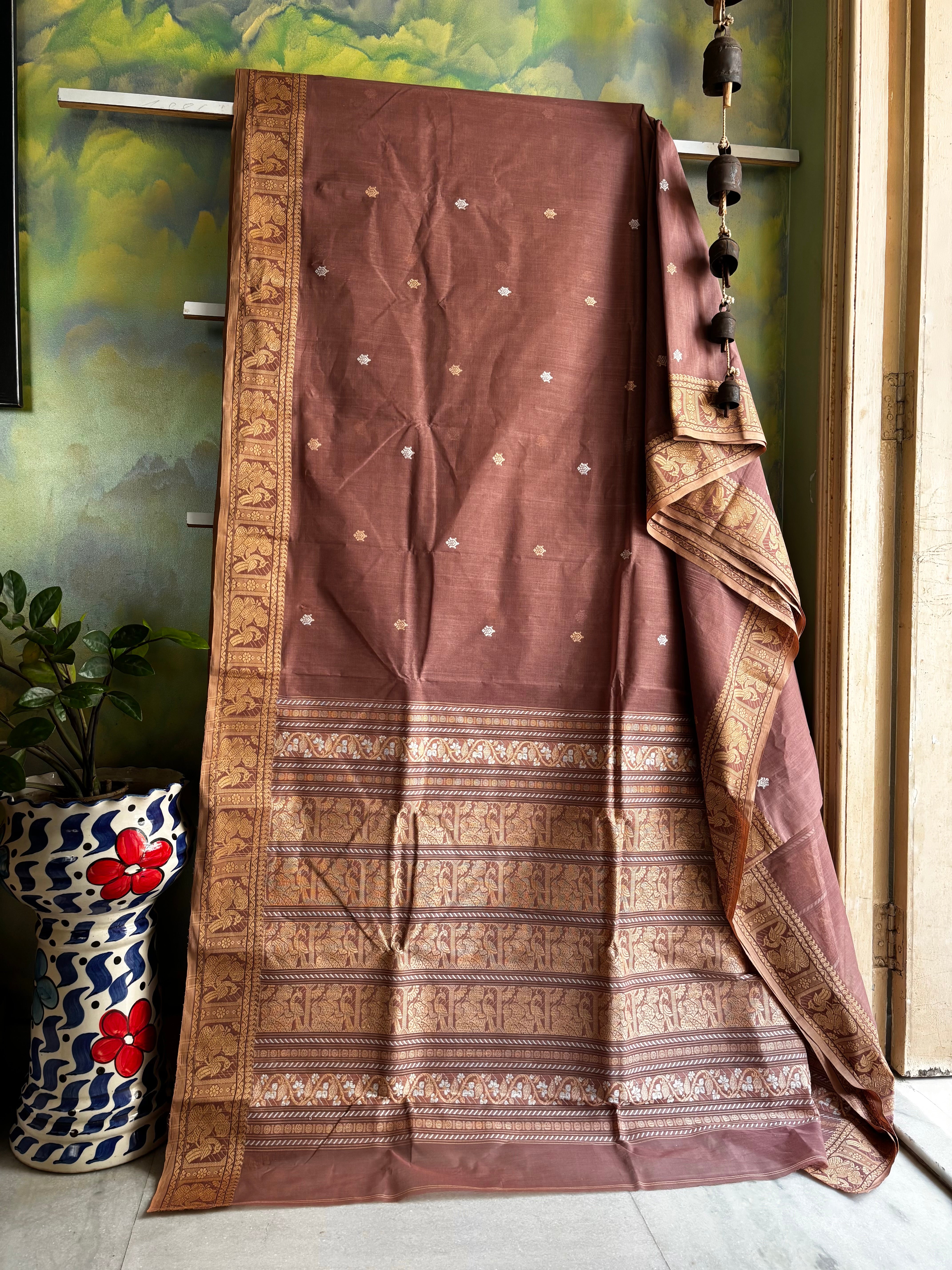 Handwoven Light Brown Colour Cotton Baluchari Saree