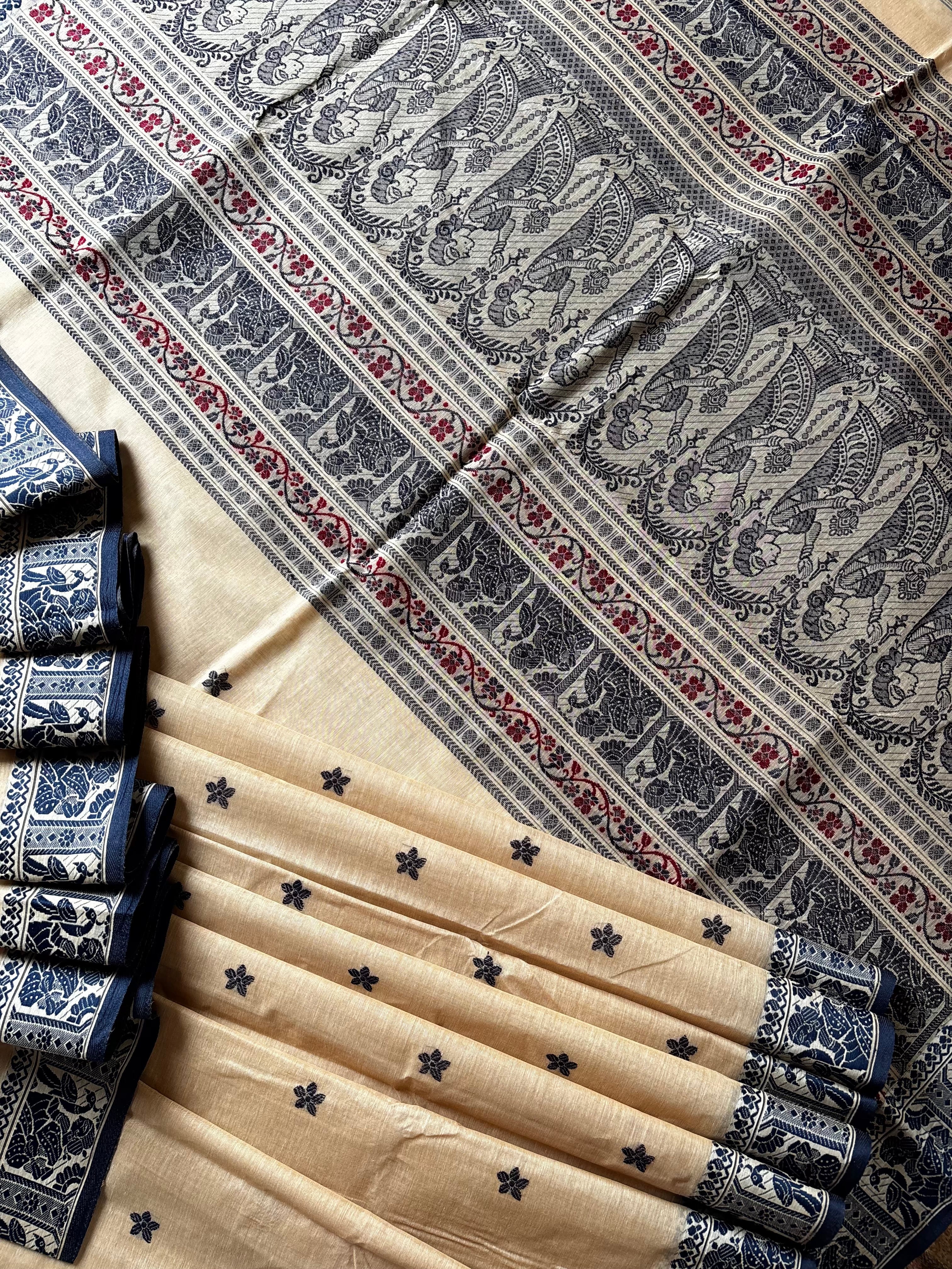 Handwoven Light Beige Cotton Baluchari Saree