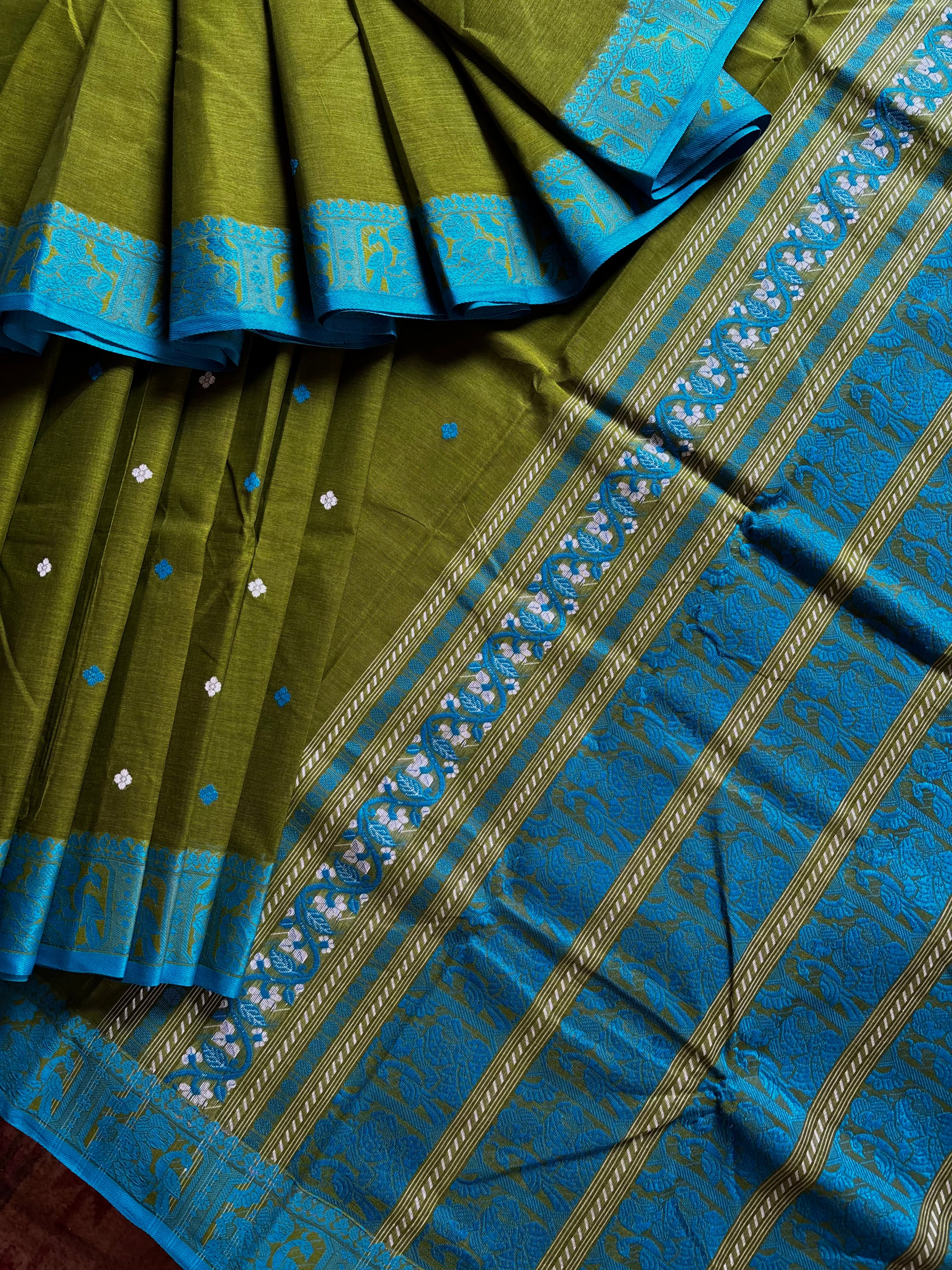 Handwoven Dark Hookers Green Colour Cotton Baluchari Saree