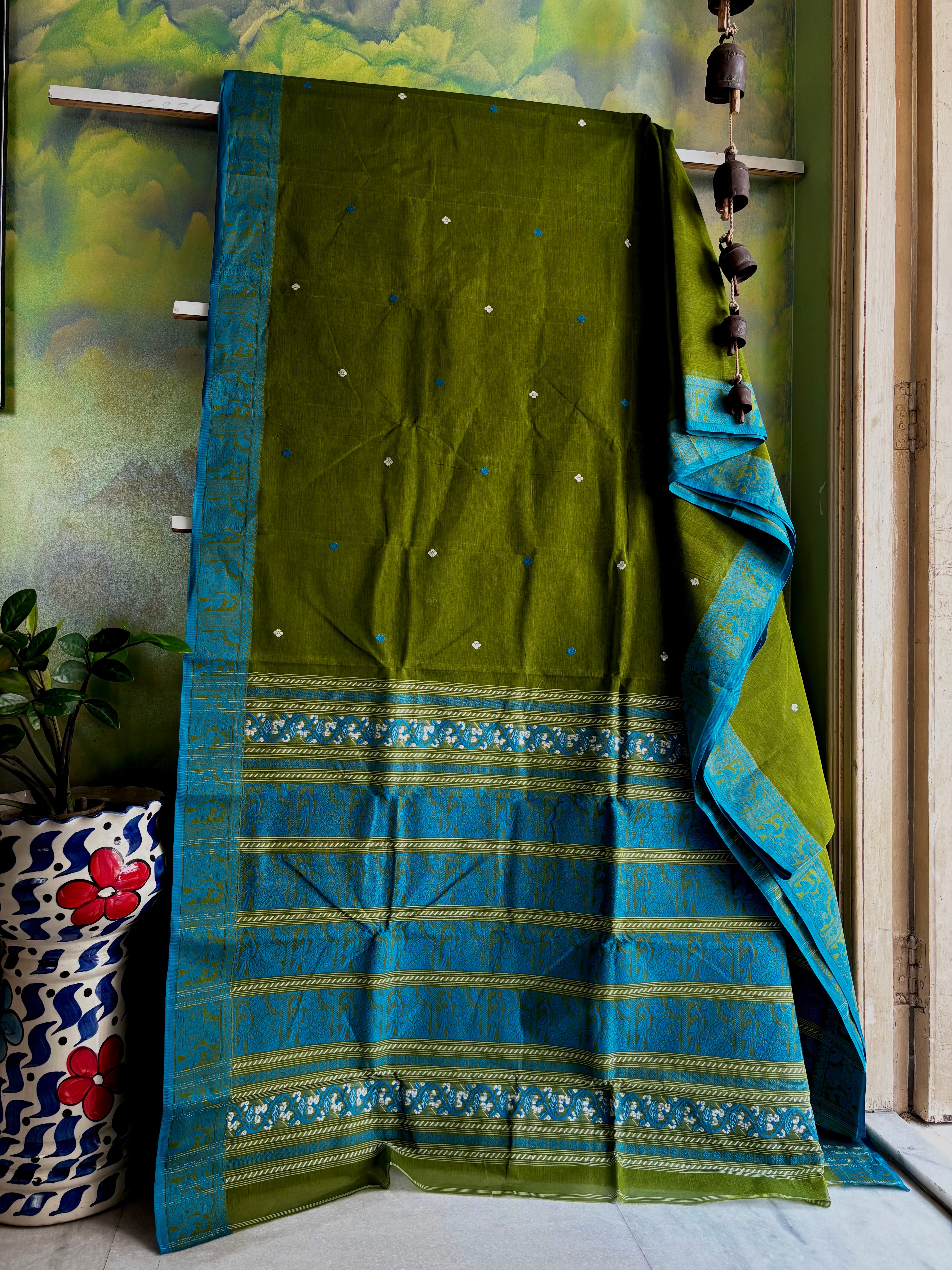 Handwoven Dark Hookers Green Colour Cotton Baluchari Saree