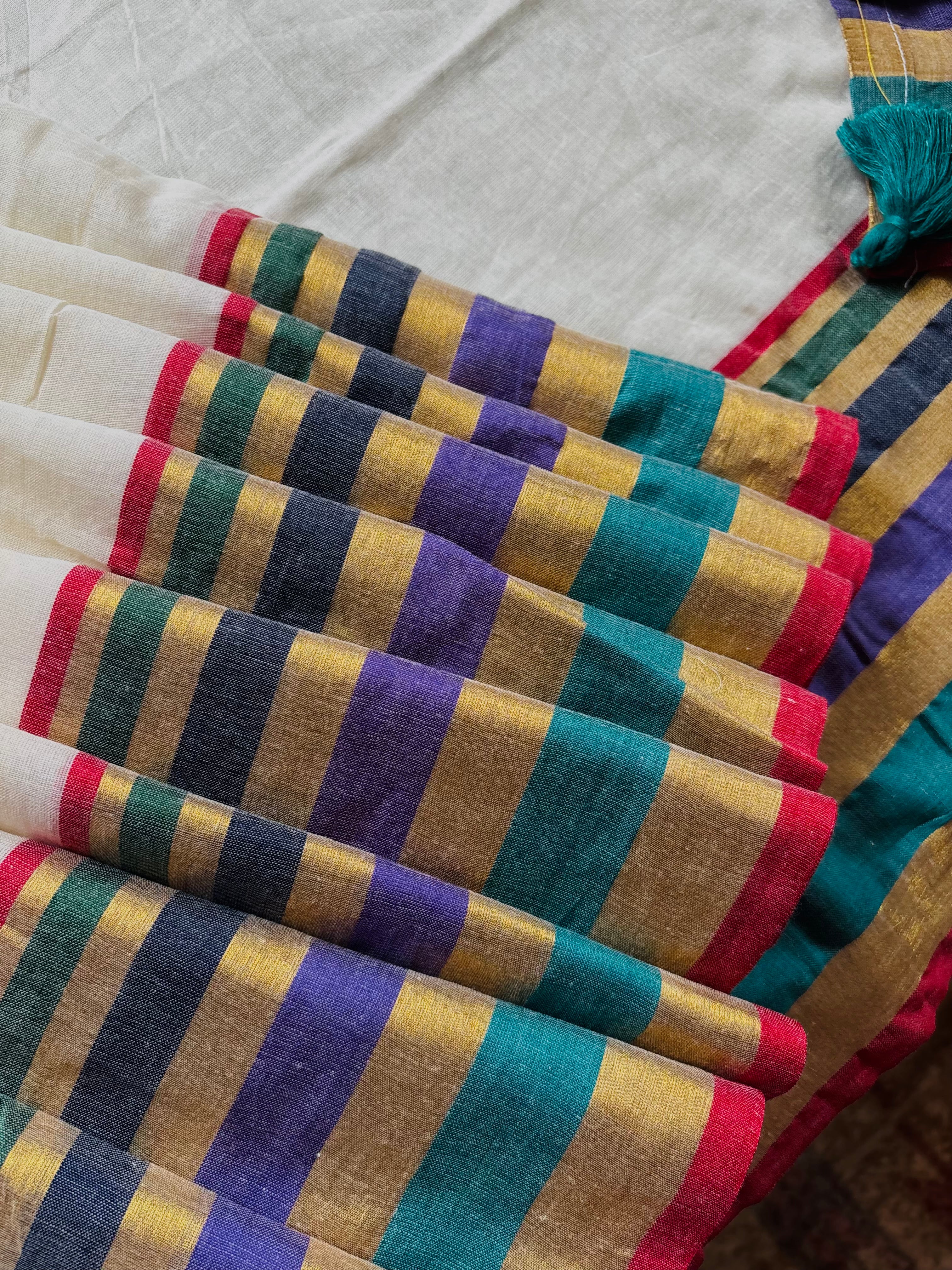 Cream Colour Body Multi Colour Border Mul Cotton Saree