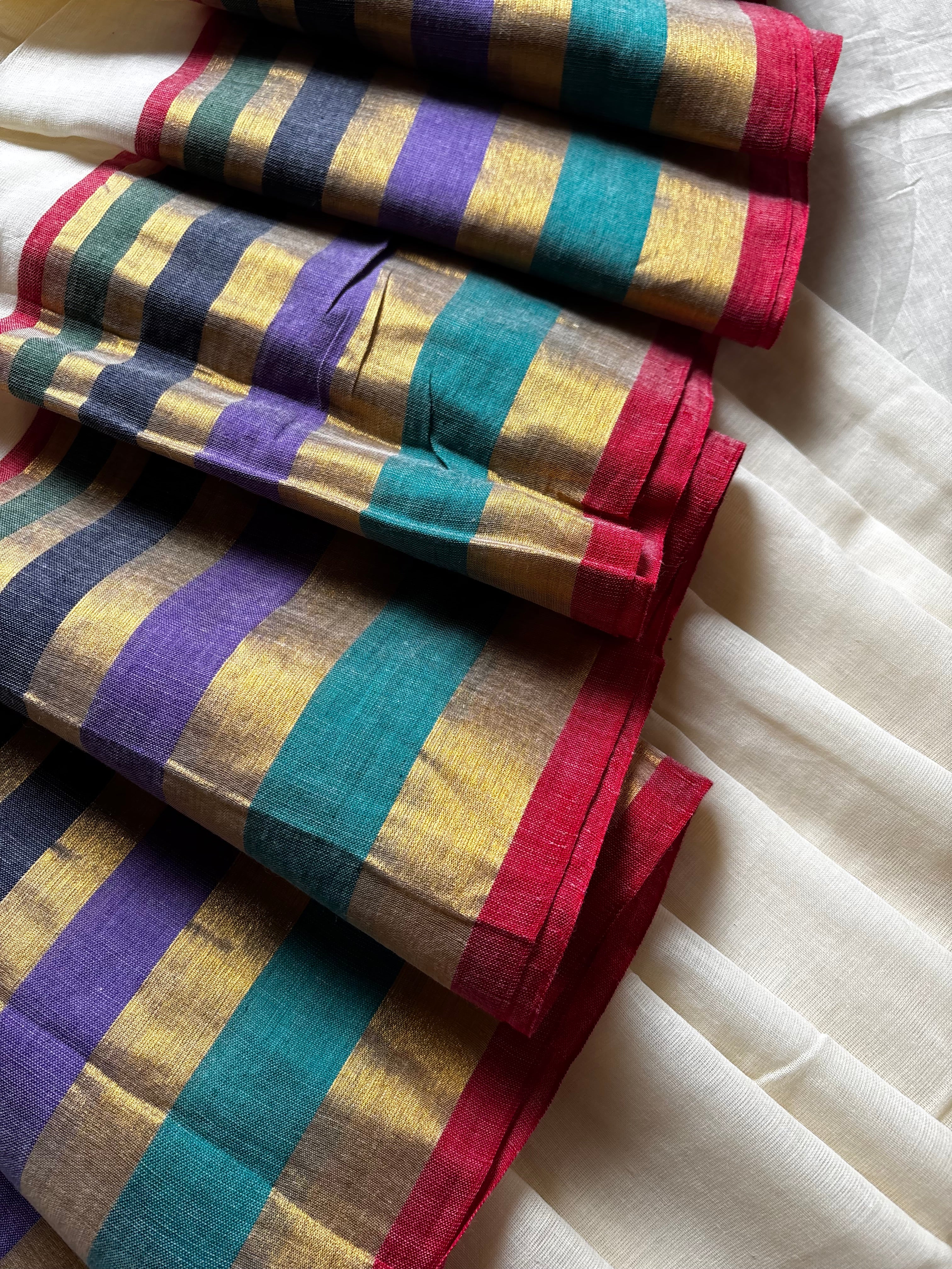 Cream Colour Body Multi Colour Border Mul Cotton Saree