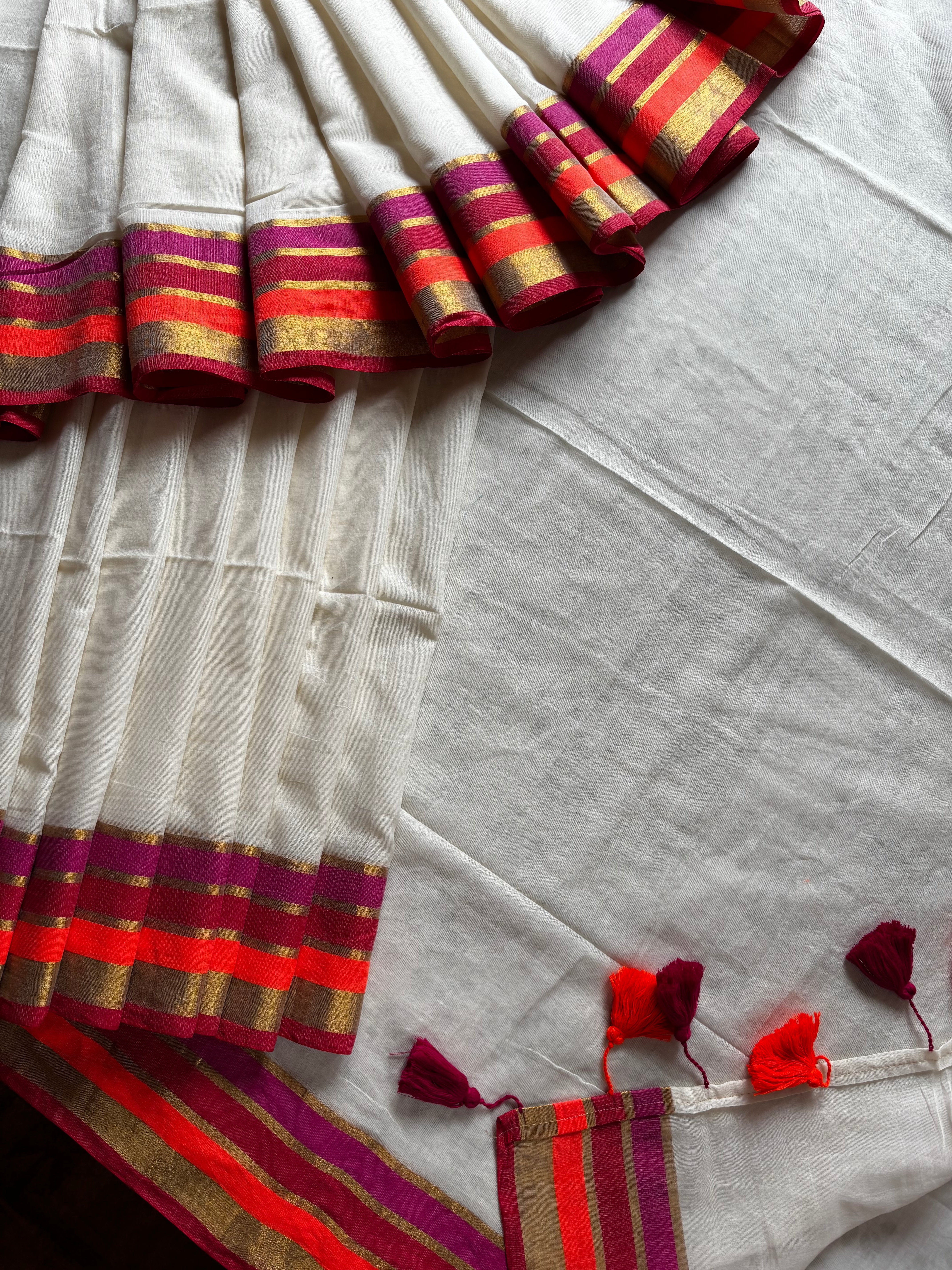Cream Colour Orange Maroon Border Mul Cotton Saree
