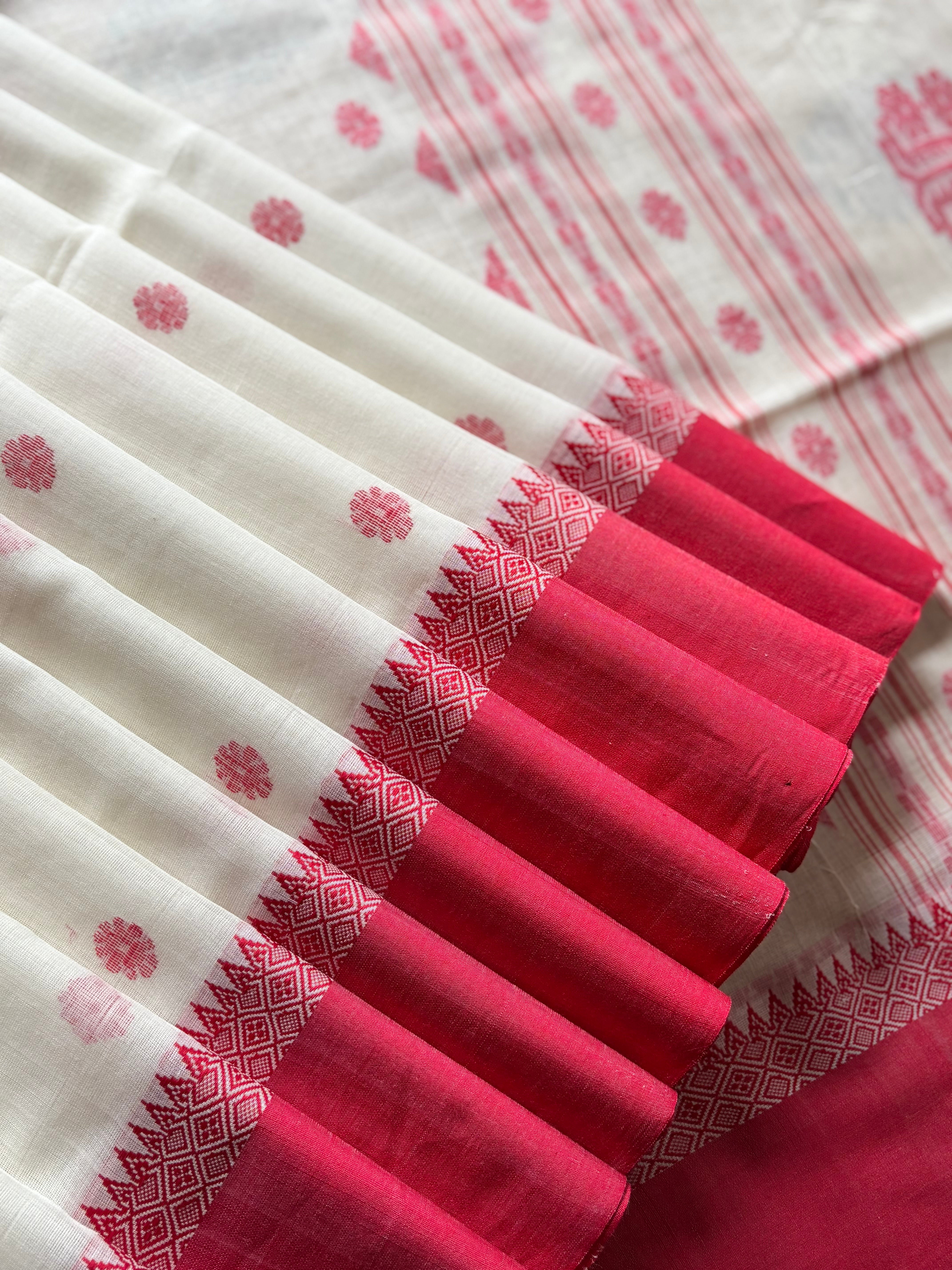 Handwoven White Red Jamdani Phulia Cotton Saree
