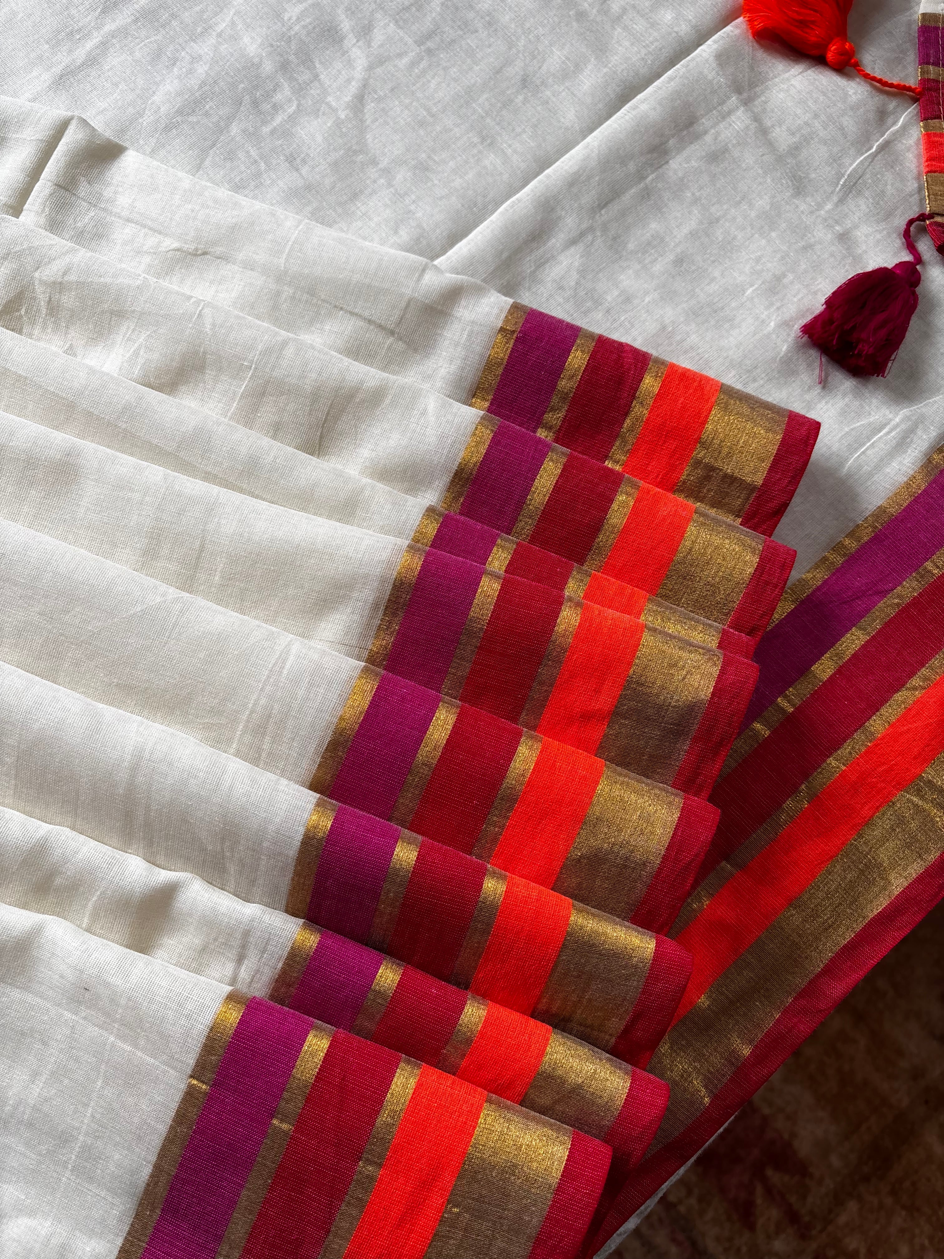Cream Colour Orange Maroon Border Mul Cotton Saree